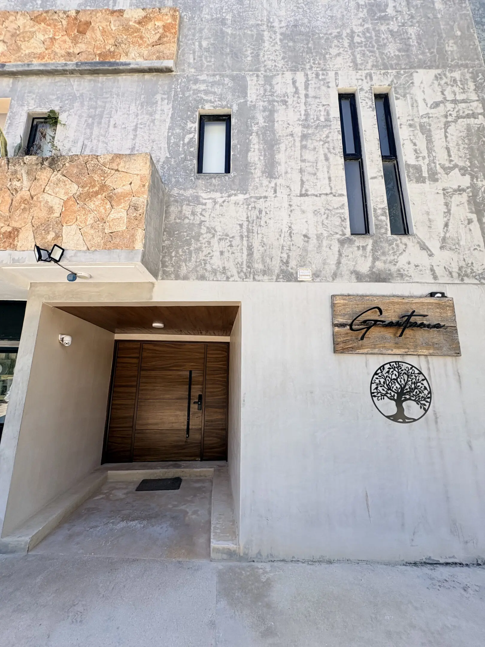 Minimalist concrete building entrance with wooden door