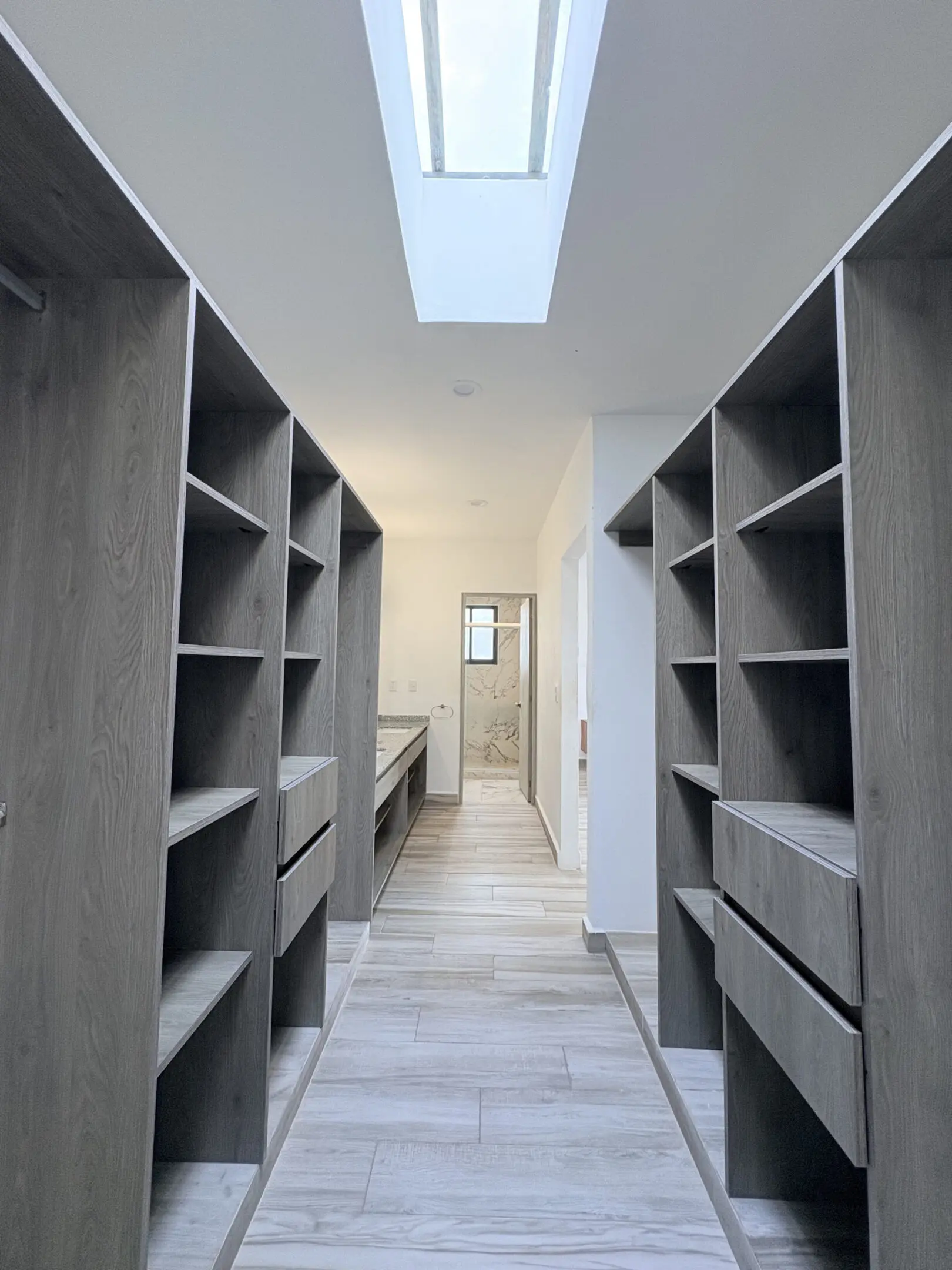 Modern walk-in closet with skylight