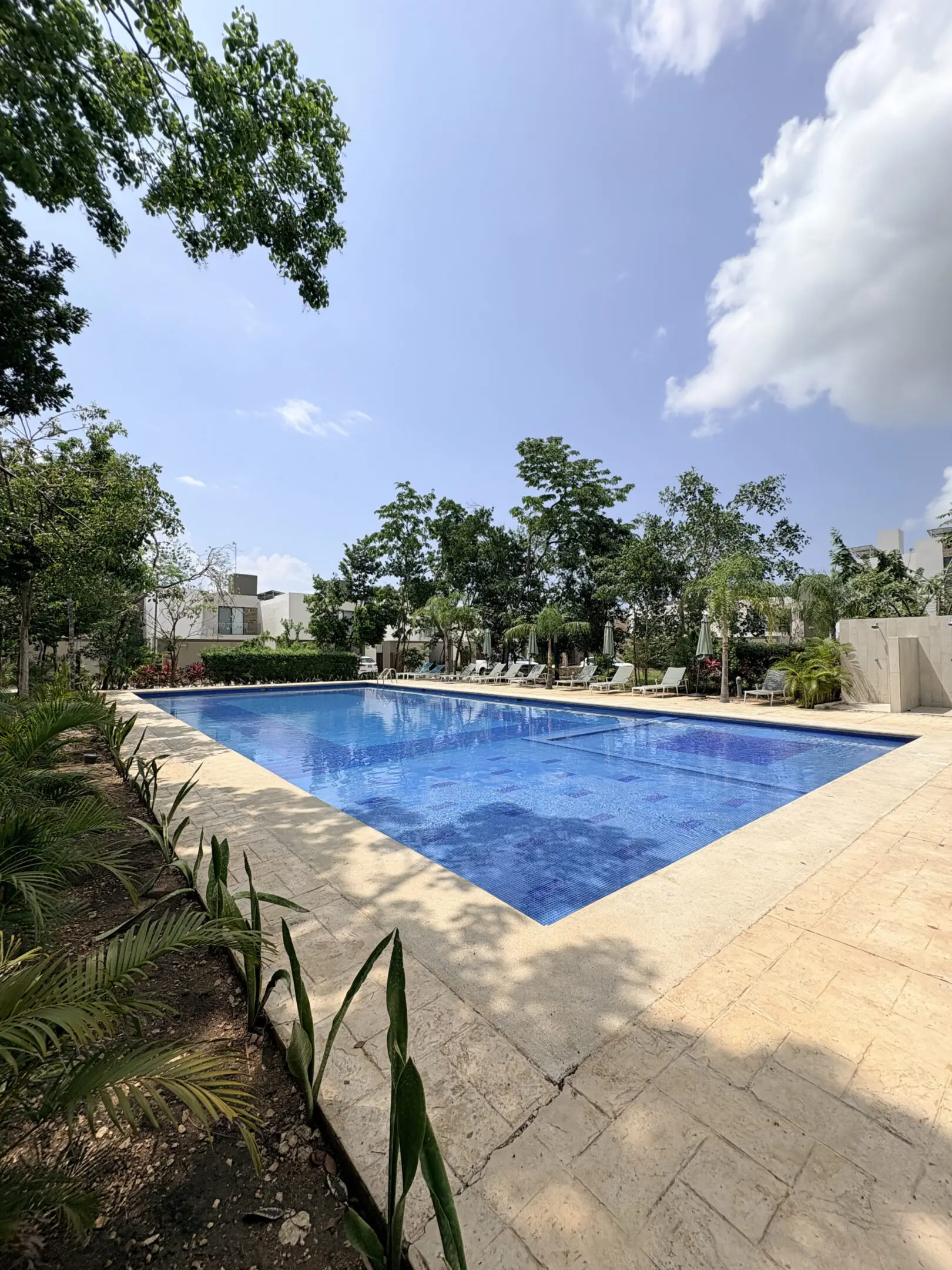 Outdoor rectangular swimming pool with lounge chairs