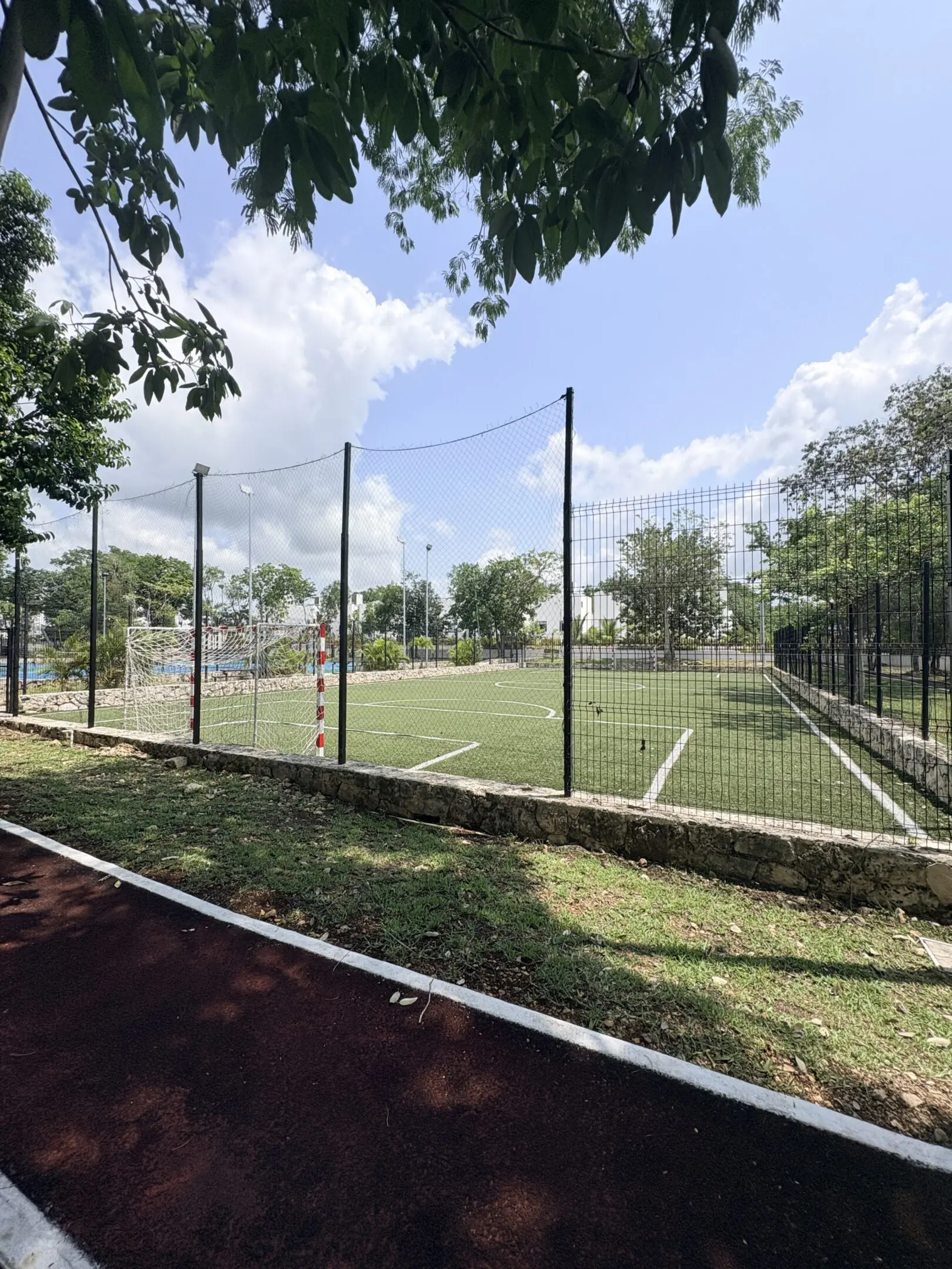 Fenced outdoor artificial turf soccer field