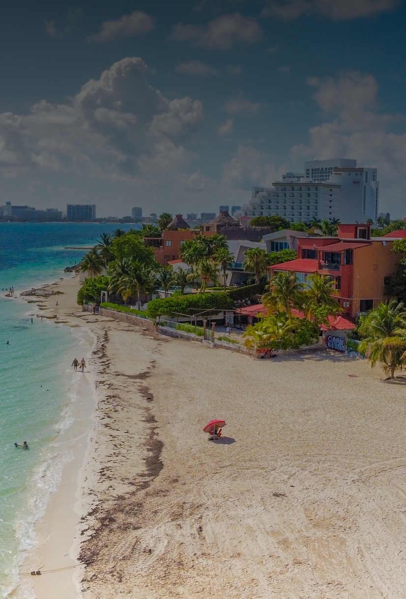 Beachfront with colorful buildings and palm trees.