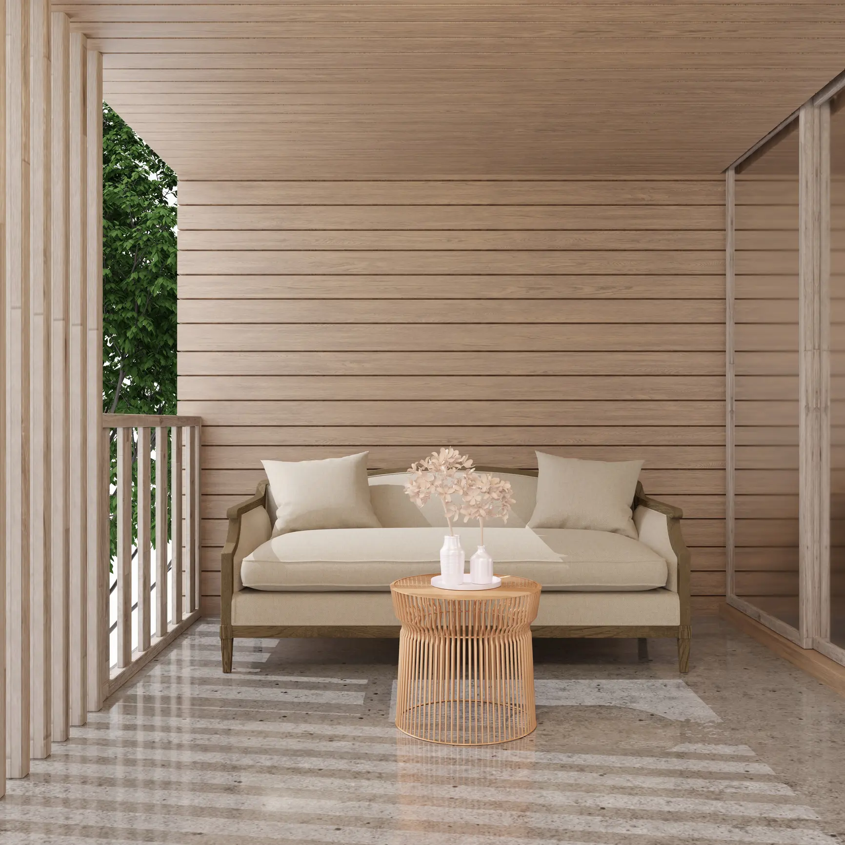 mock up outdoor terrace with views of large trees. Black tiled floor, wooden sofa, wall and 3D center table.3d rendering