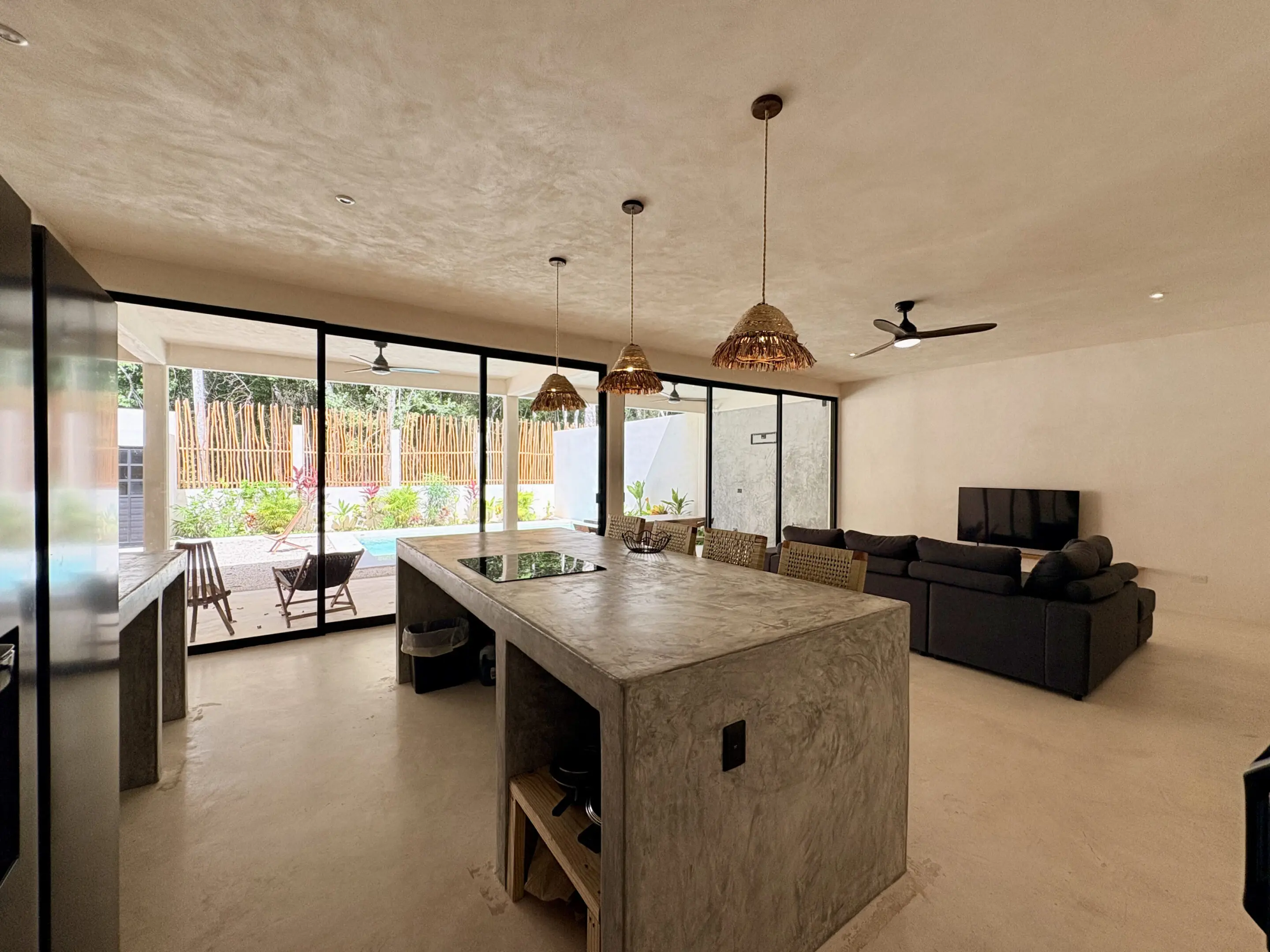 Modern open-plan kitchen island and living room