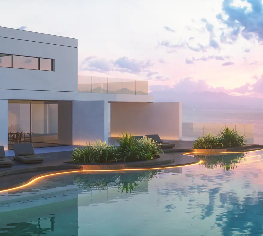 Modern house with infinity pool at sunset.