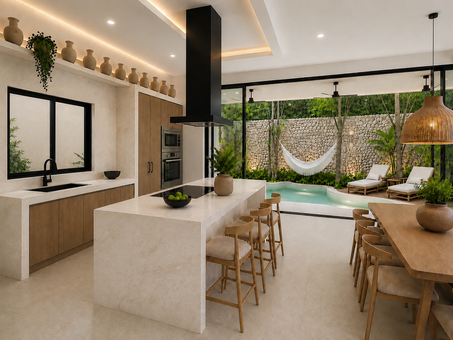 Modern kitchen opening to poolside hammock