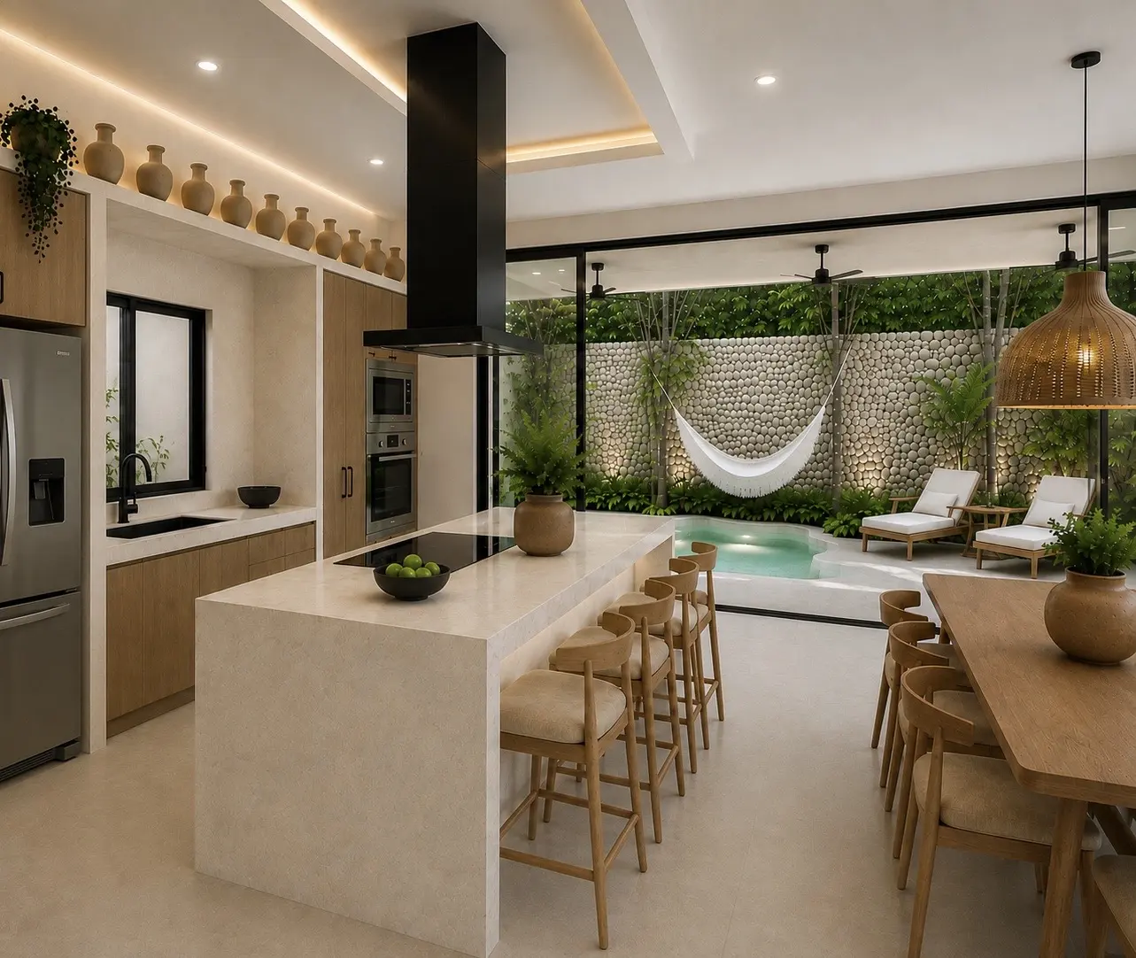 Modern kitchen with island opening to pool