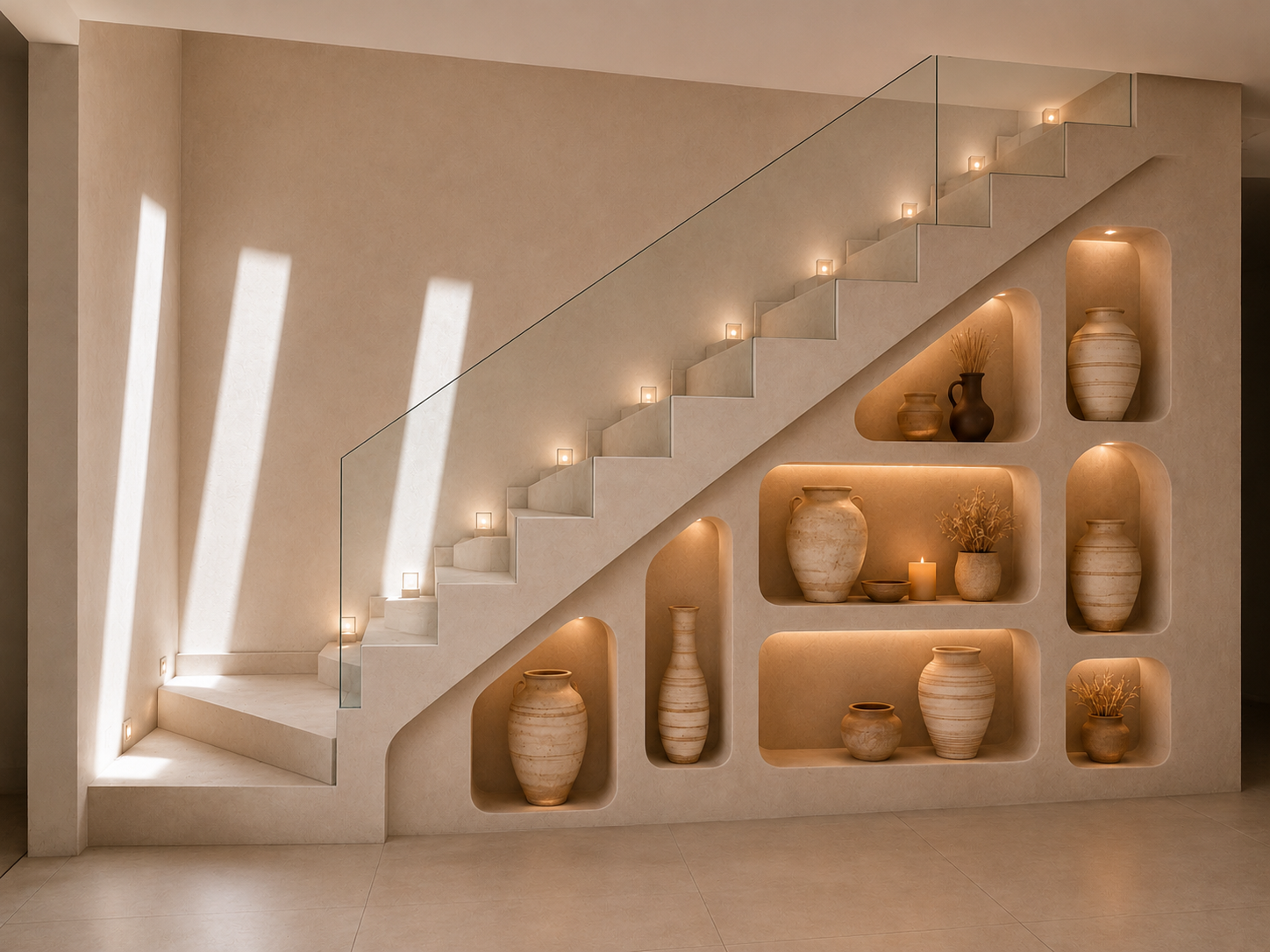 Minimalist lit staircase with built-in vase niches