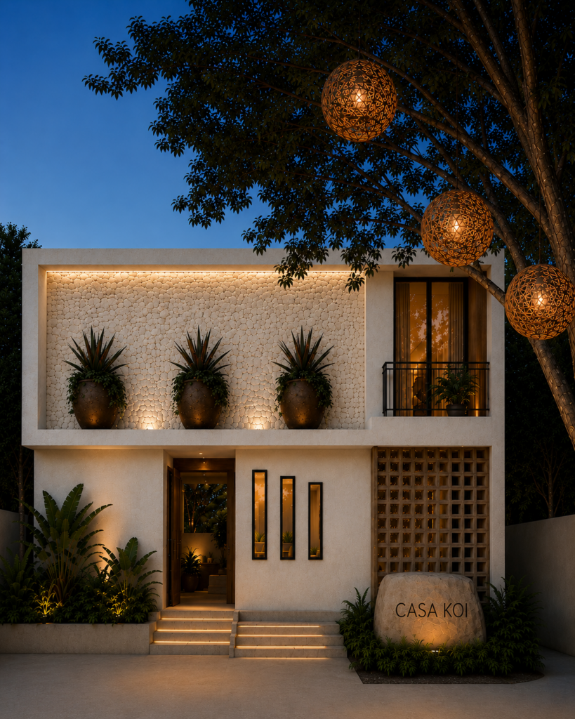 Modern two-story home facade with hanging lanterns