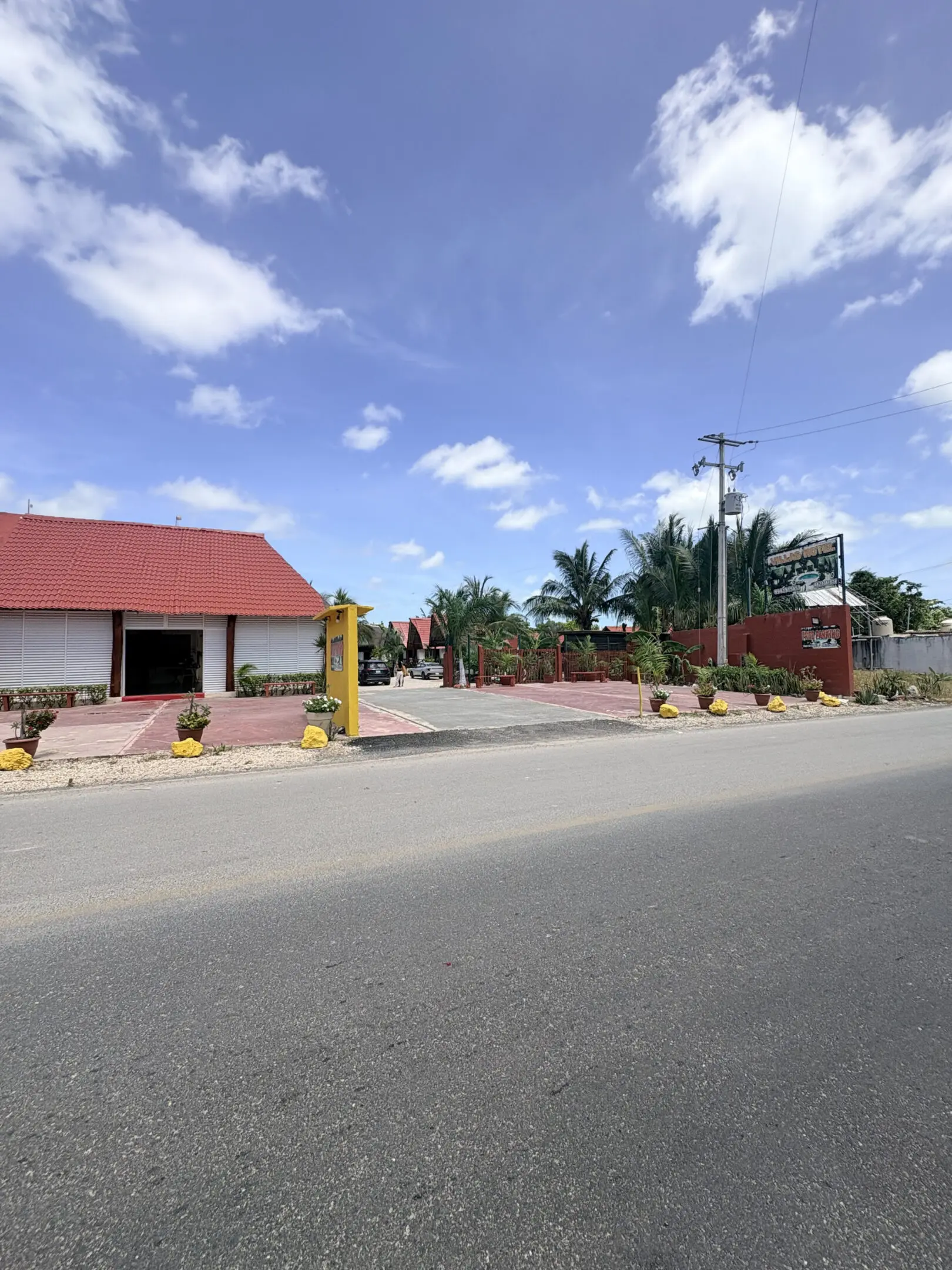 Quiet street with red-roofed building and palms