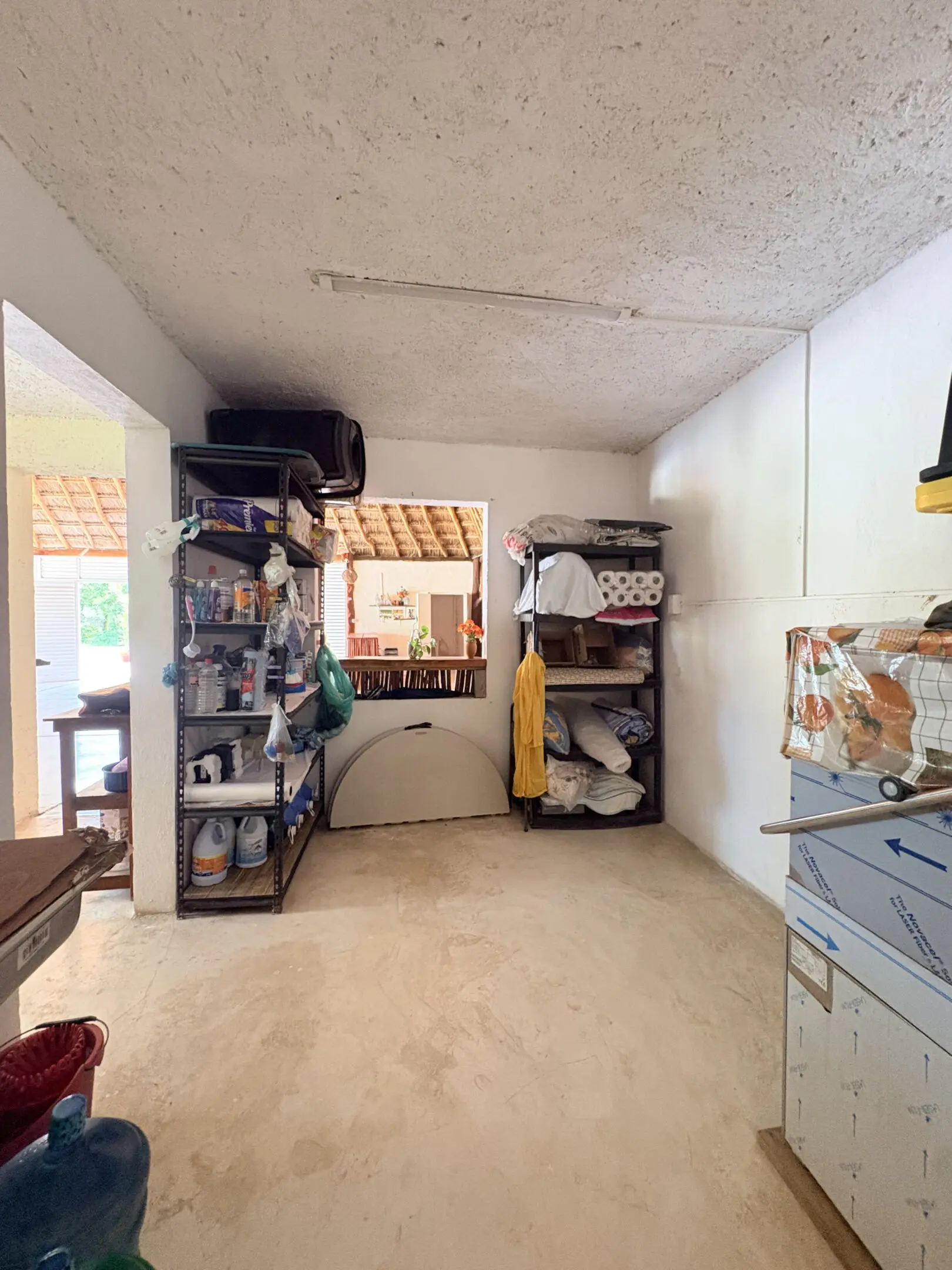 Organized storage room with shelves and supplies