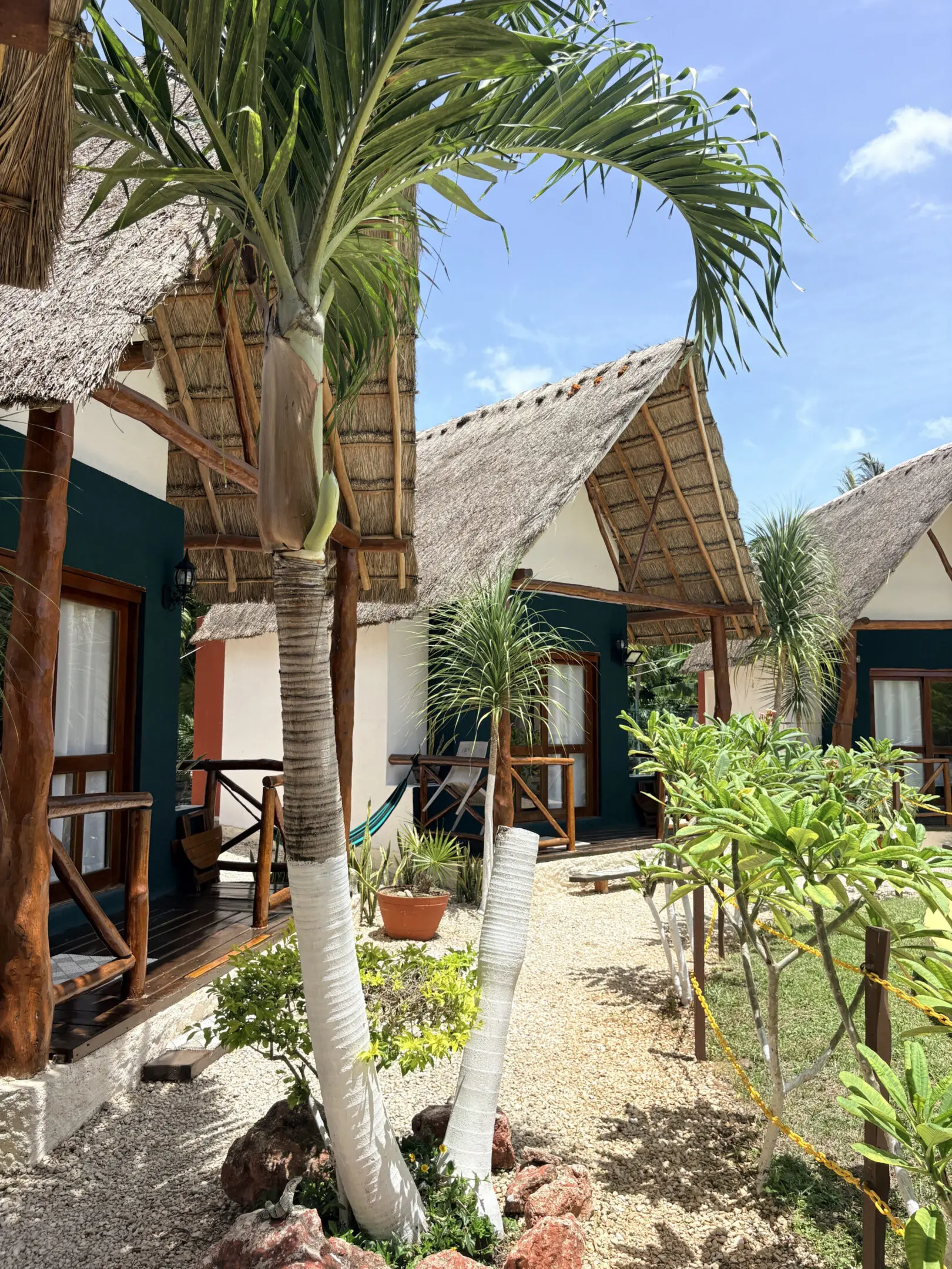 Thatched-roof tropical bungalows with palm trees