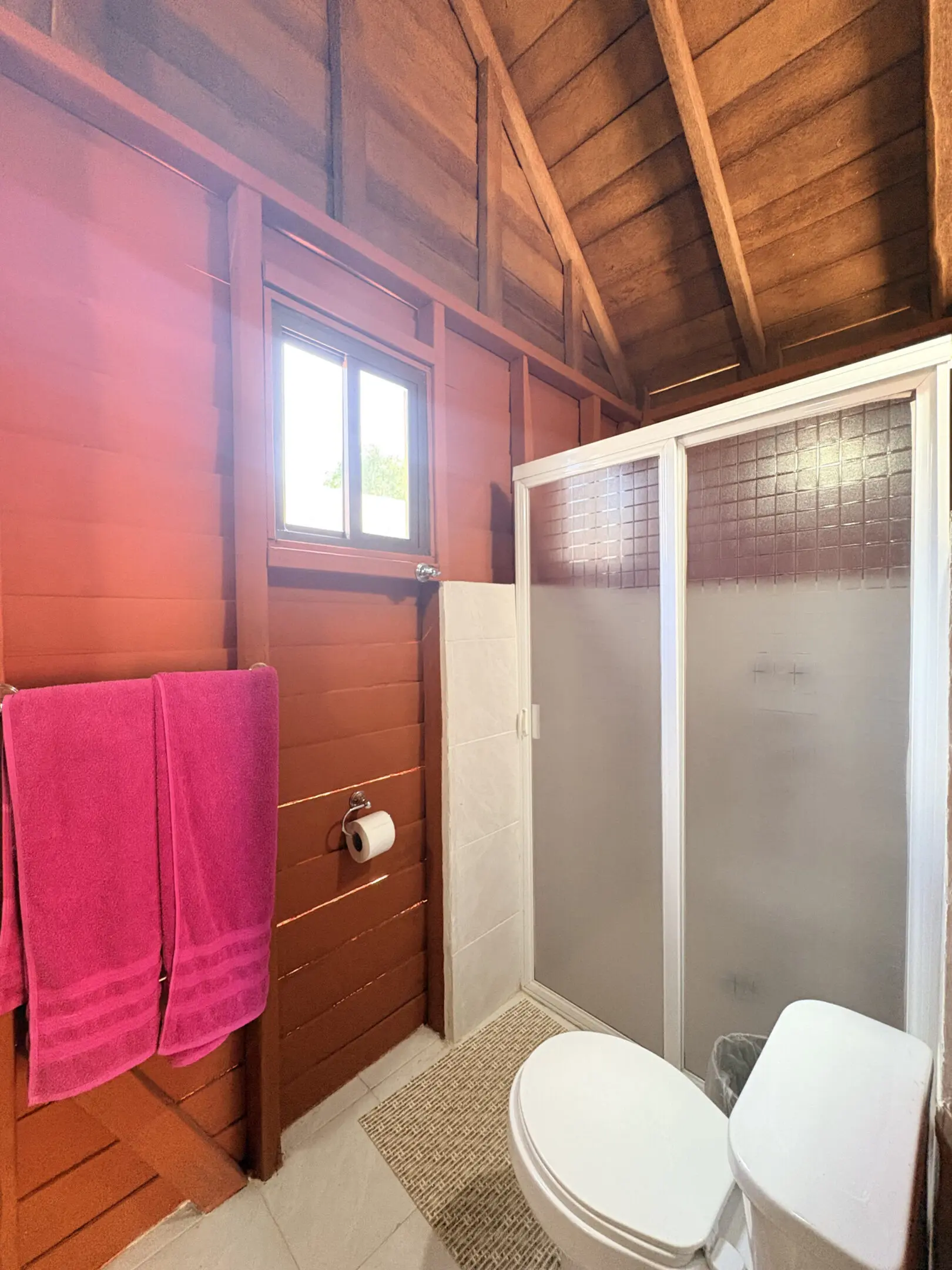 Rustic wooden bathroom with shower and toilet