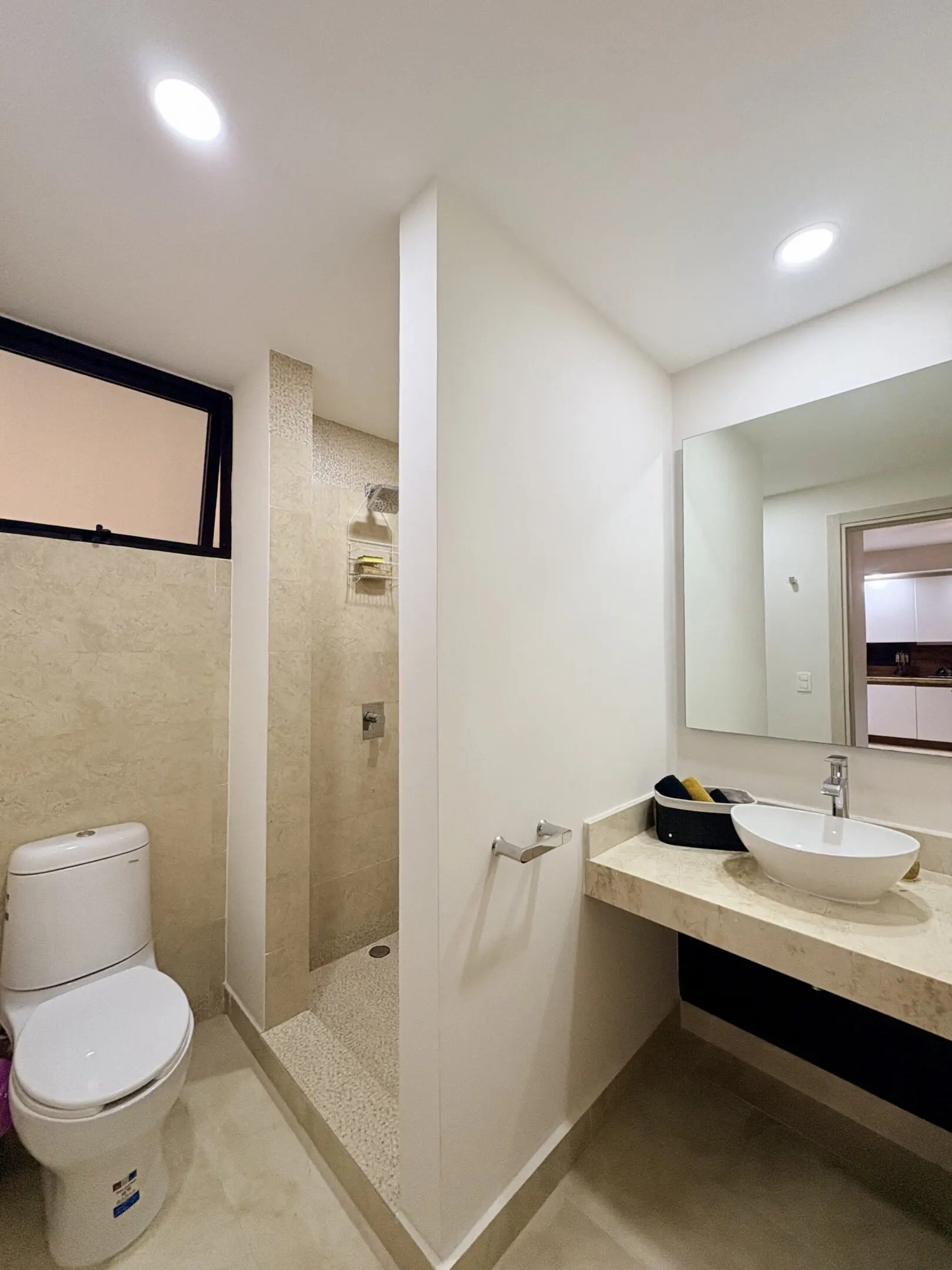 Modern bathroom with walk-in shower and vanity