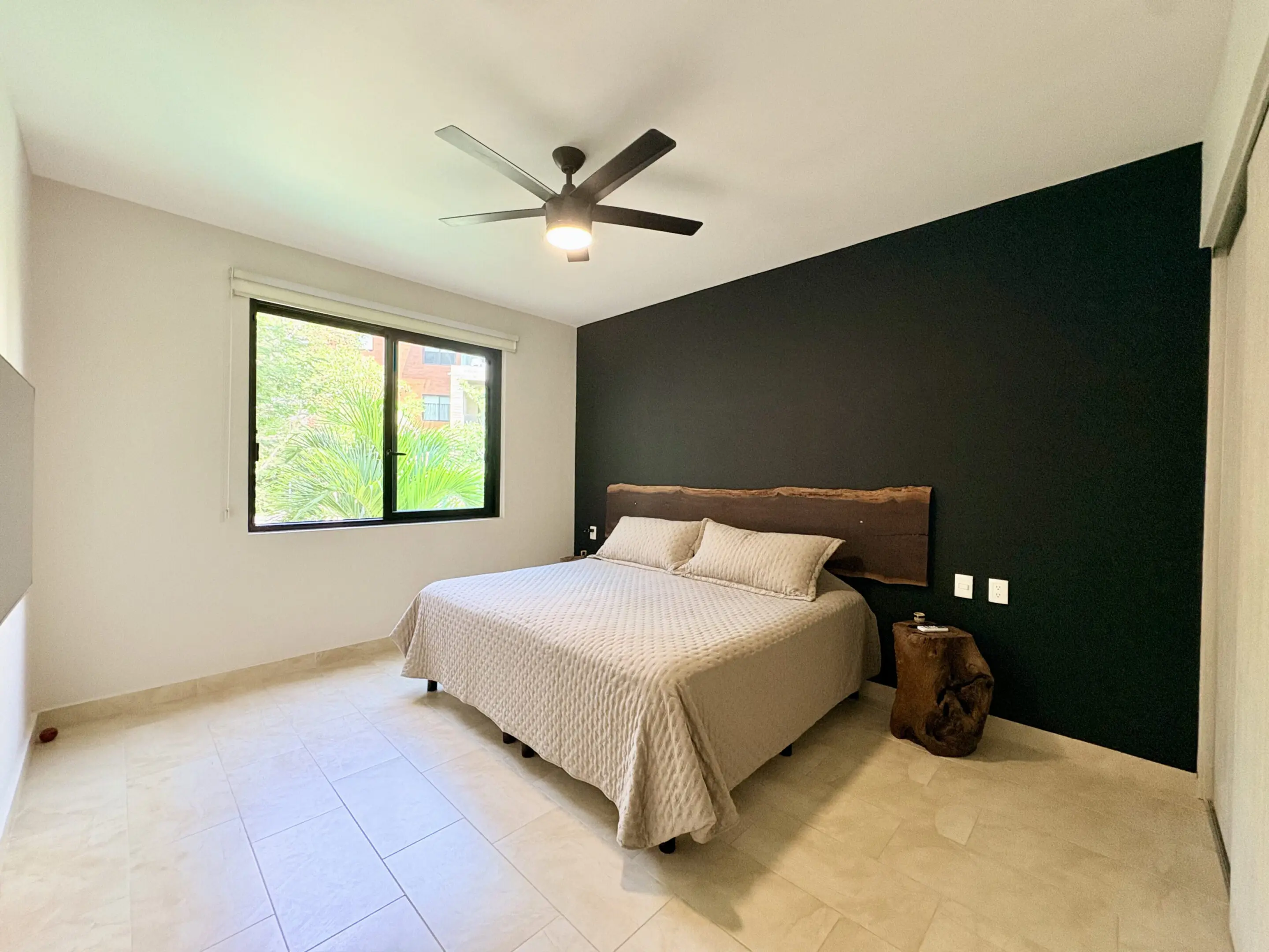 Minimalist bedroom with dark accent wall