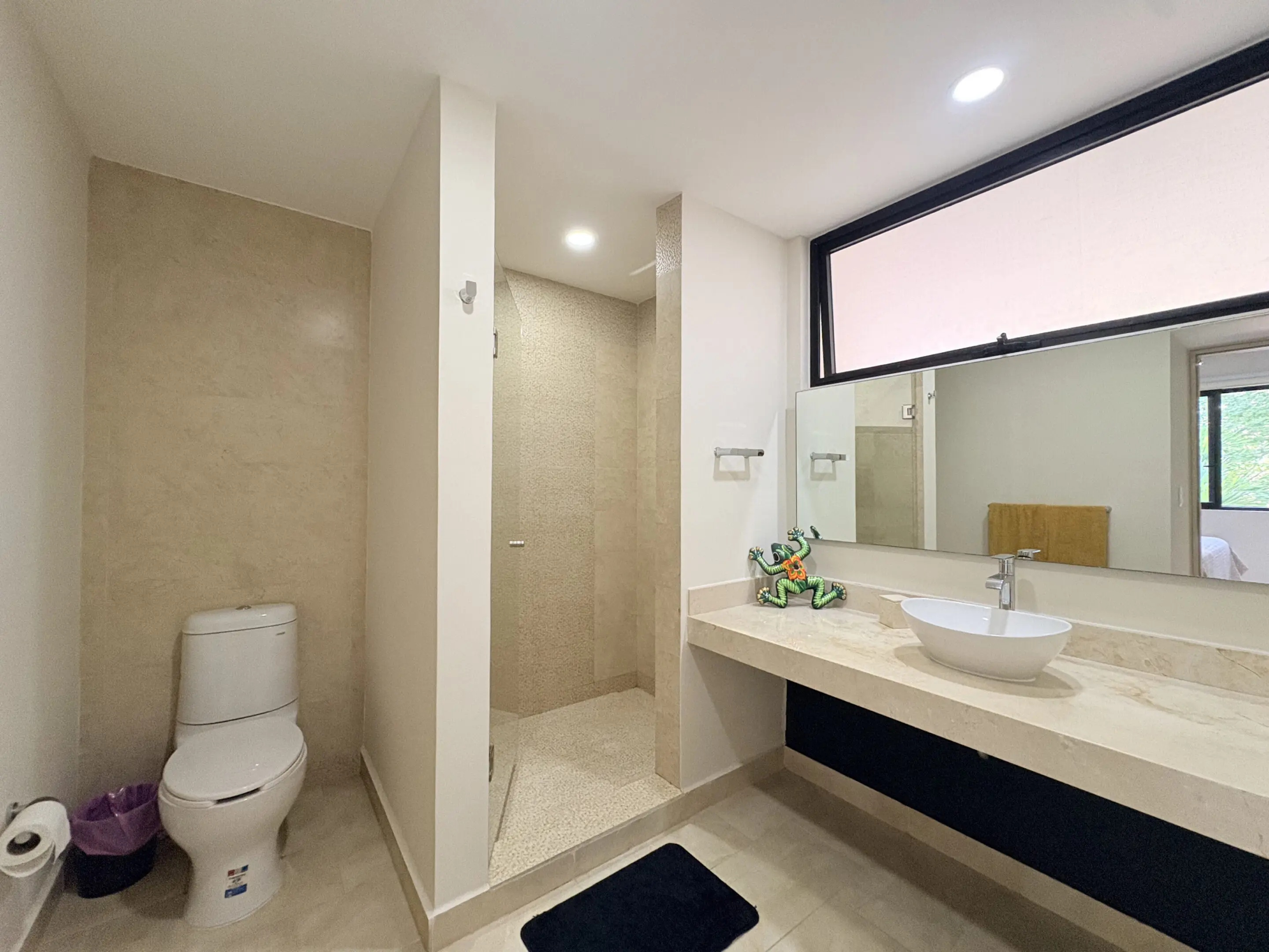 Modern bathroom with walk-in shower and toilet