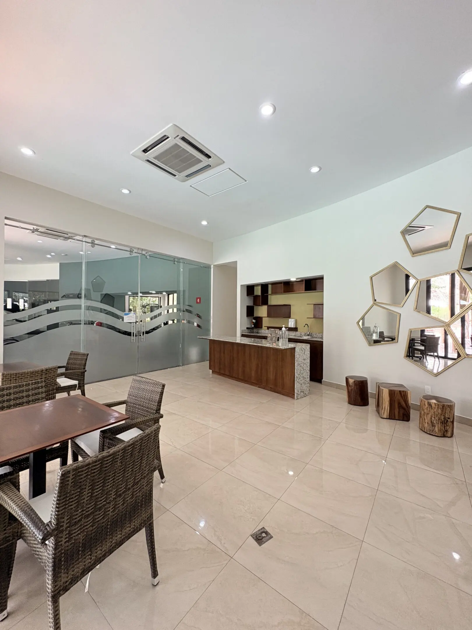 Modern lounge with wicker chairs and glass partition