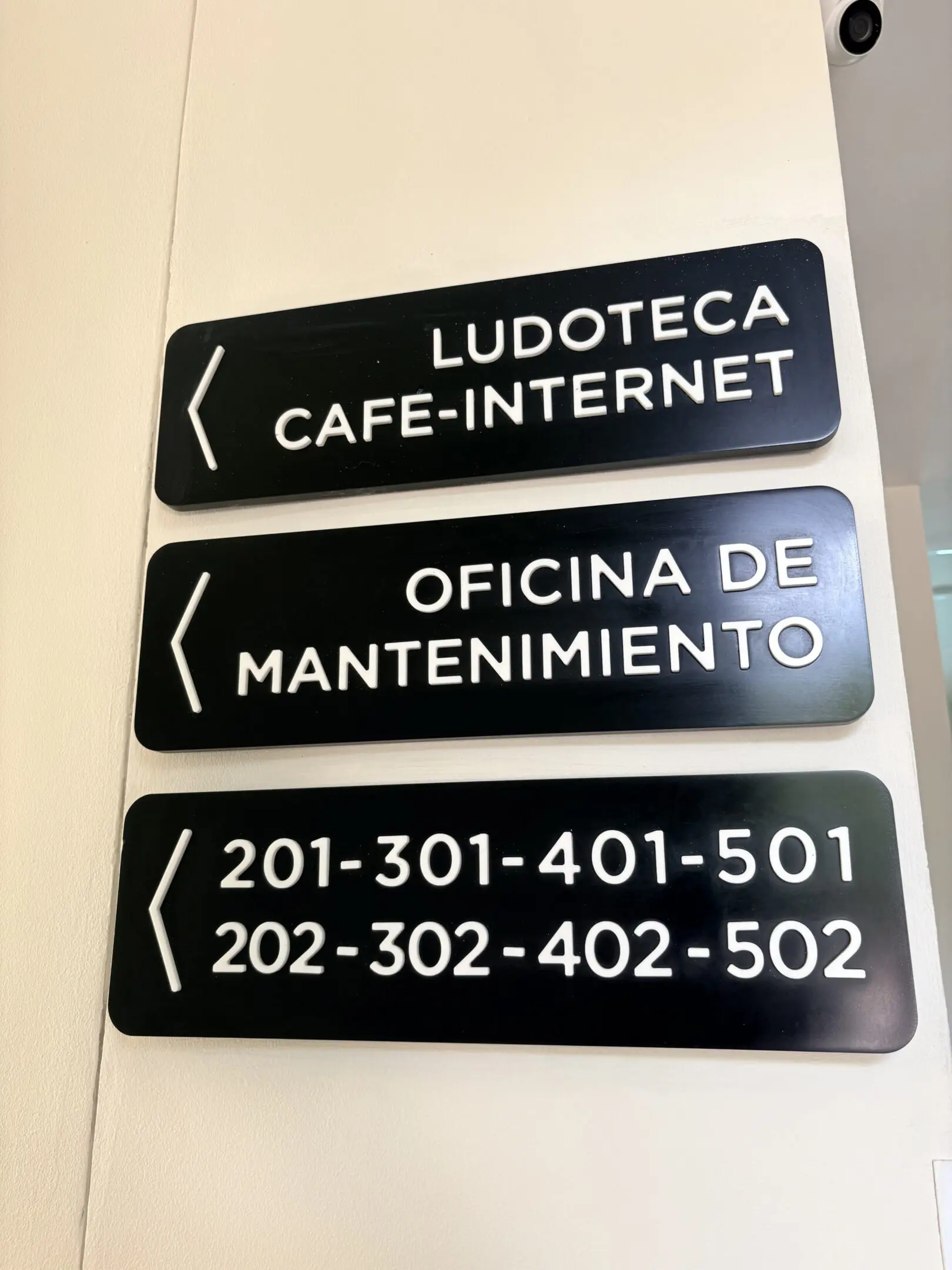 Directional signs for playroom, internet cafe, maintenance