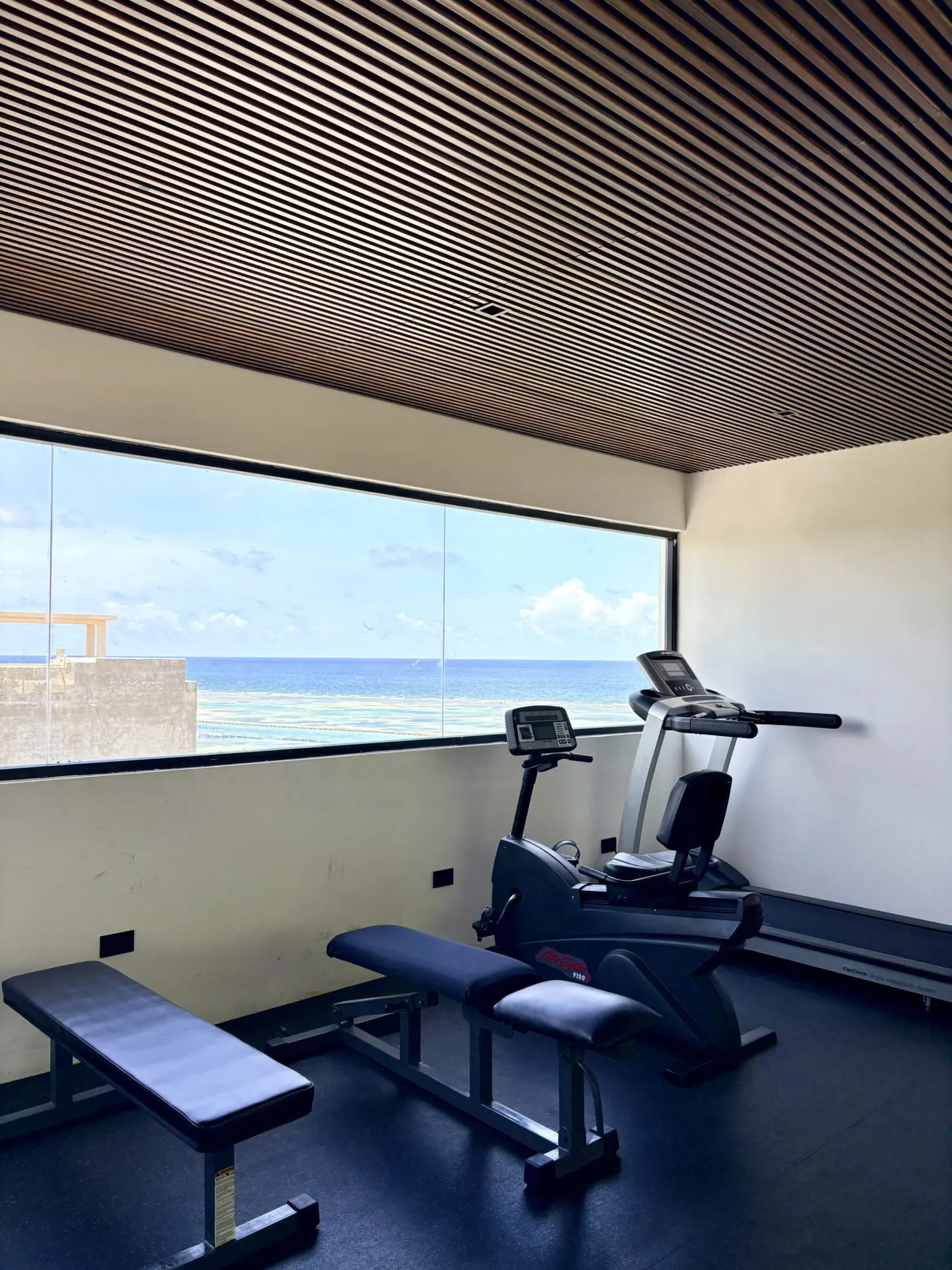 Gym with cardio equipment and ocean view