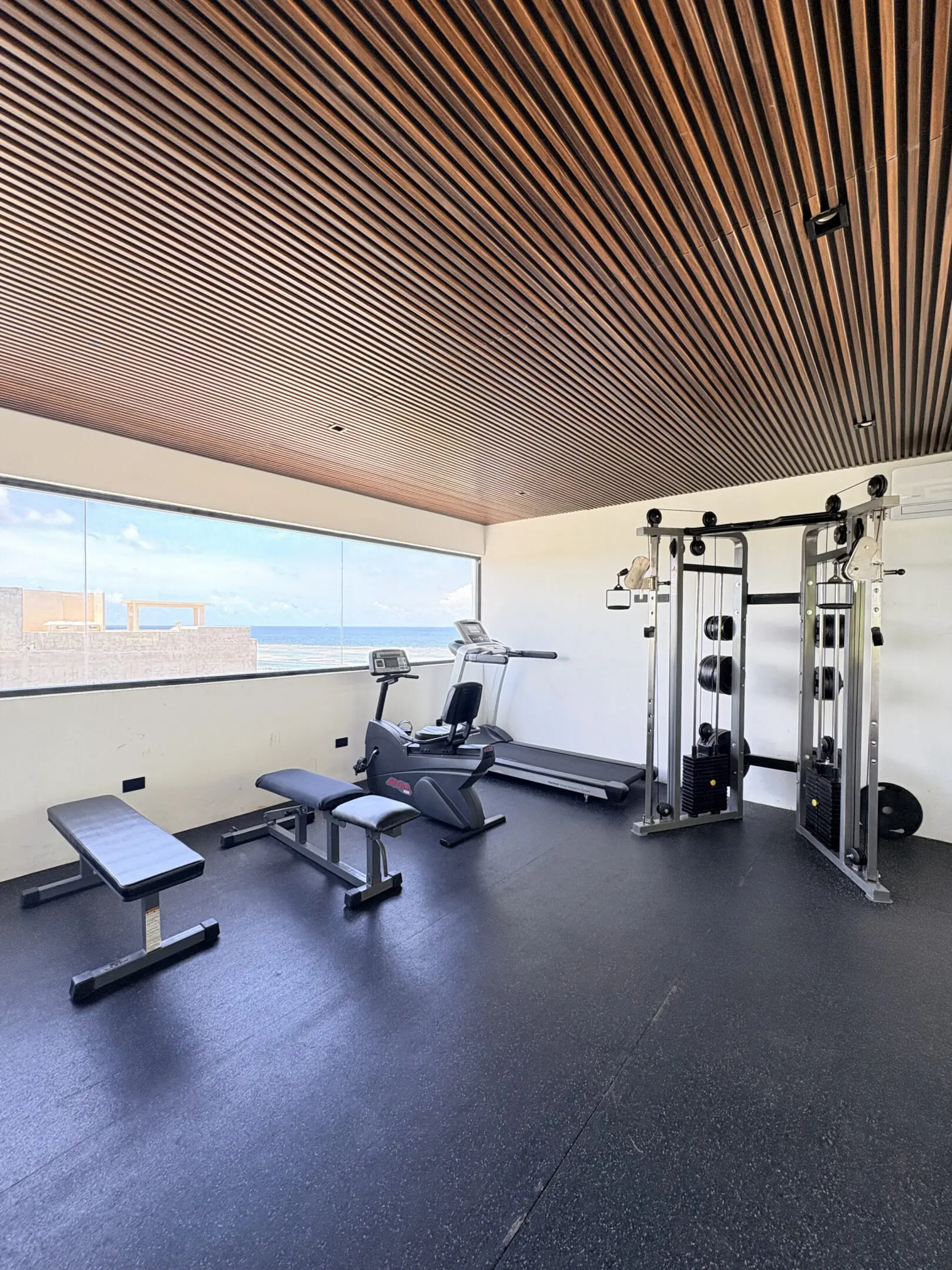 Modern gym with ocean view and equipment