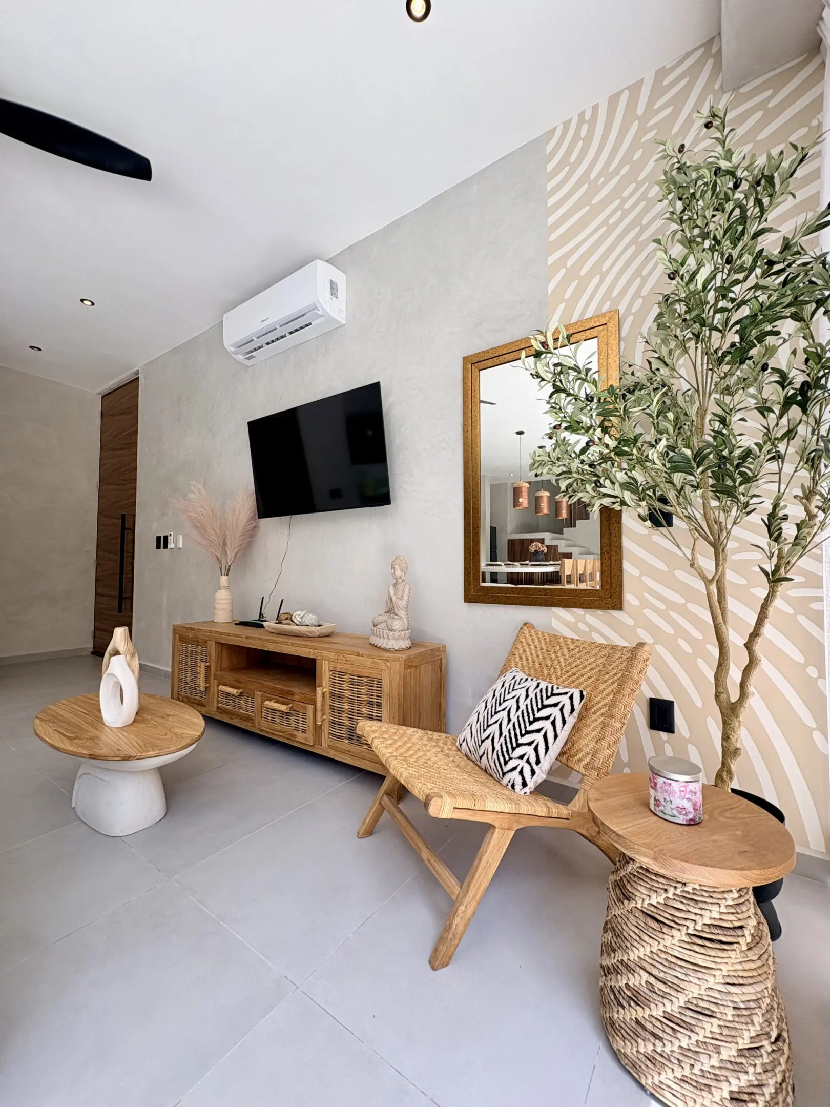 Modern living room with rattan chair