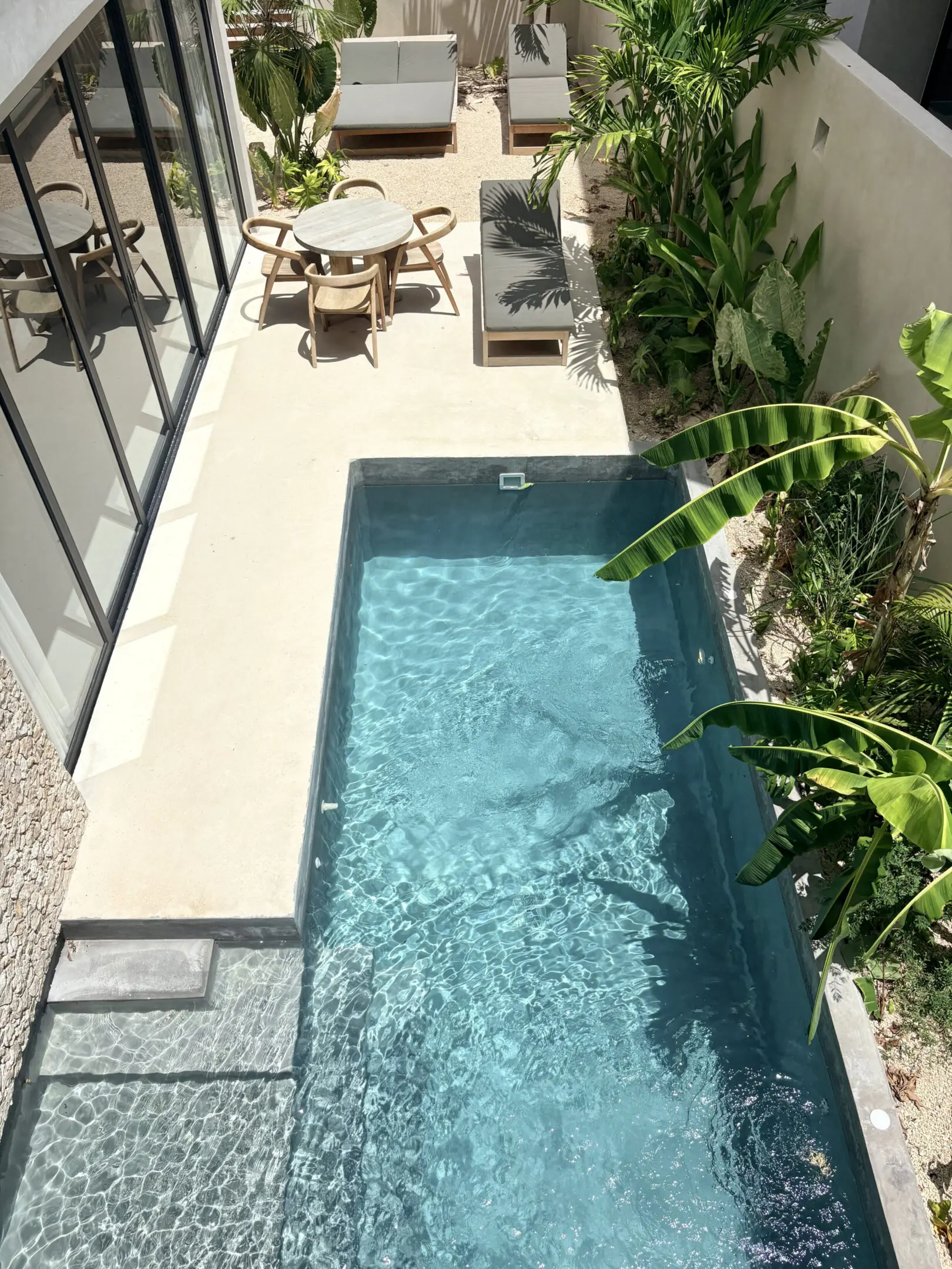 Modern private backyard pool with lounge seating