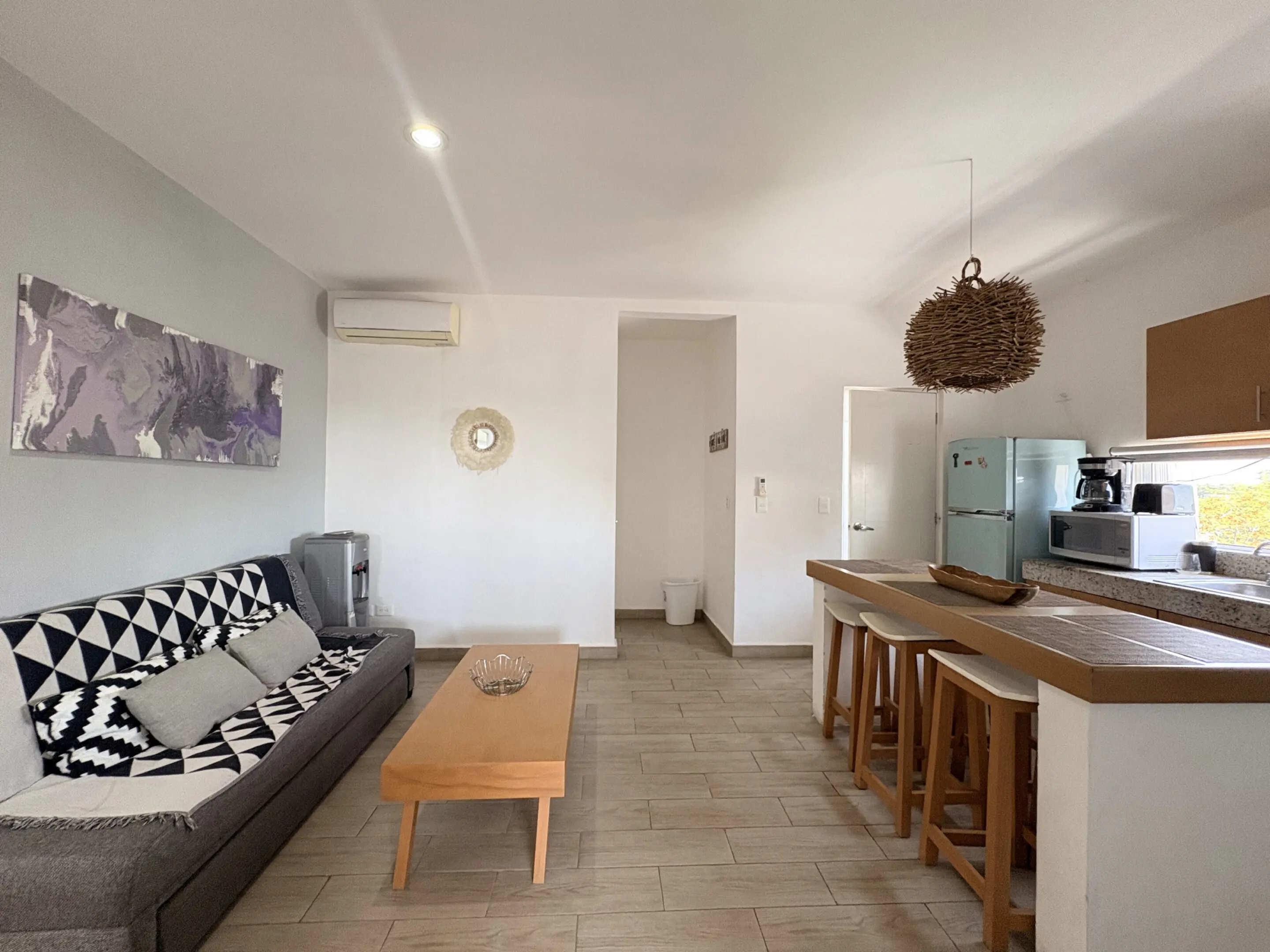Open living room and kitchen with sofa