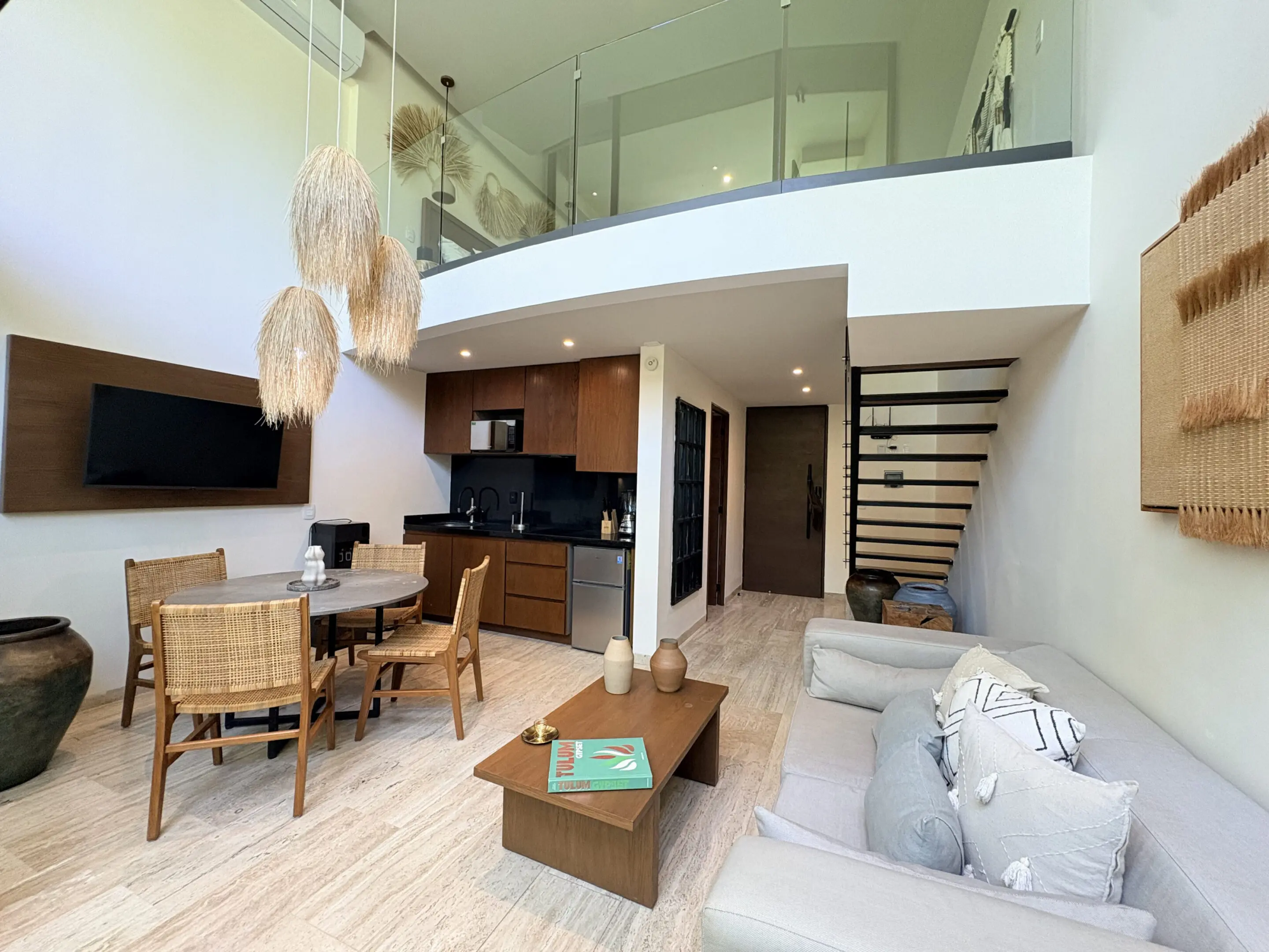 Modern loft living room with dining area
