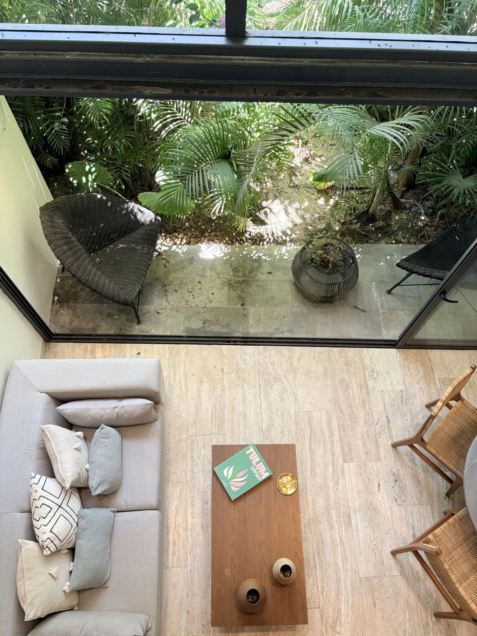 Overhead view of living room and garden patio