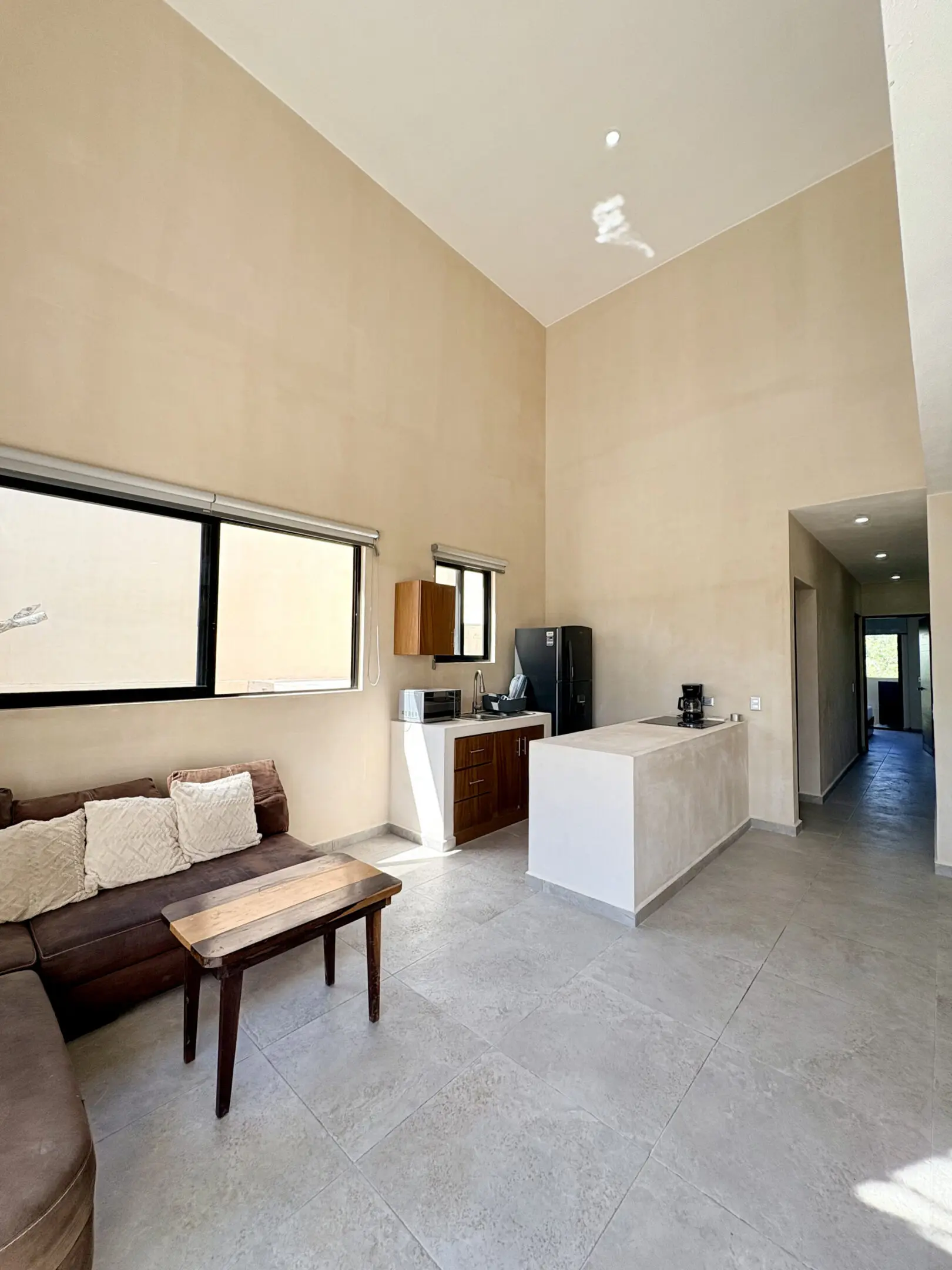 Minimal open-plan living room and kitchen with island