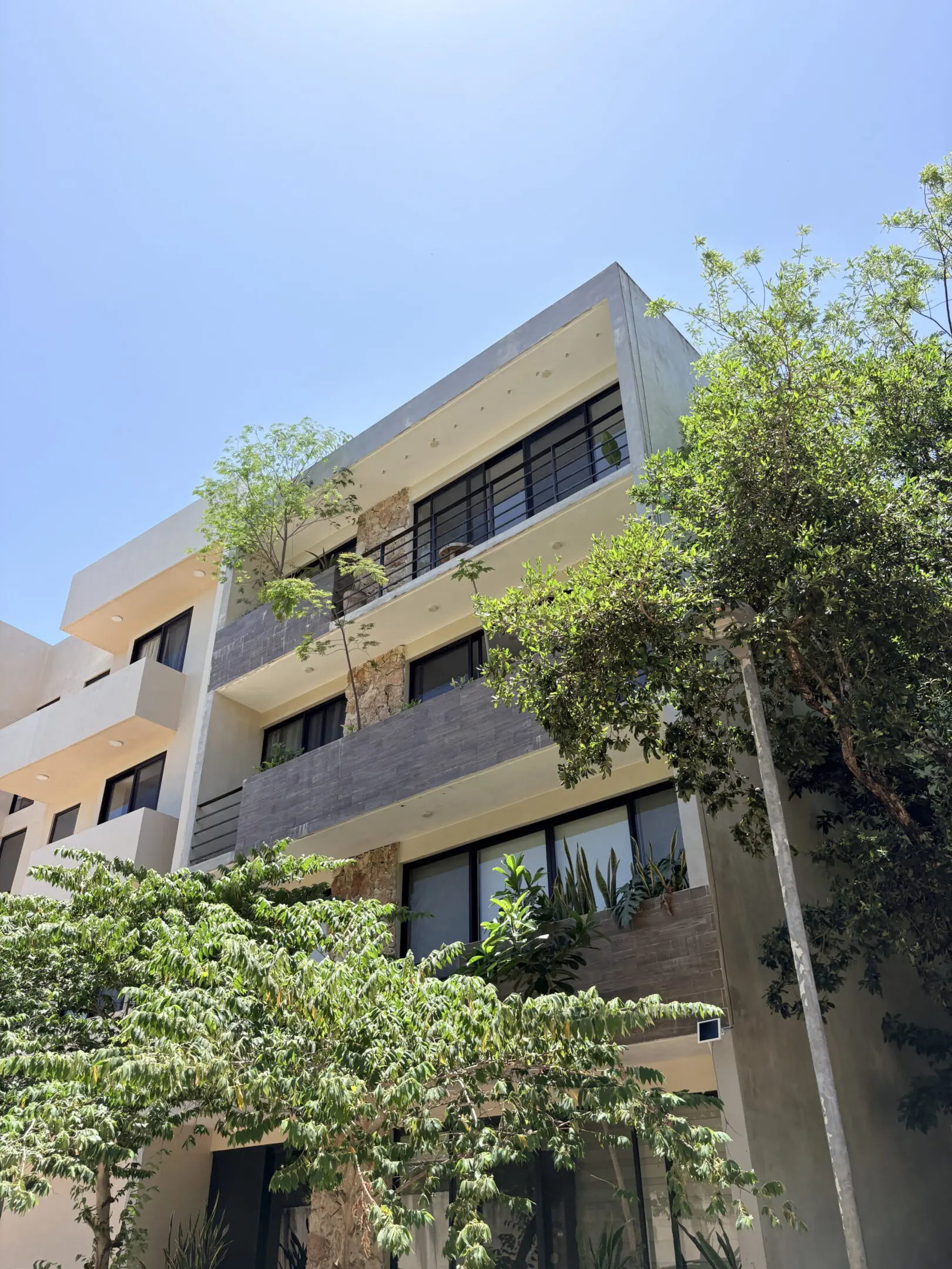 Modern apartment building with balconies and trees