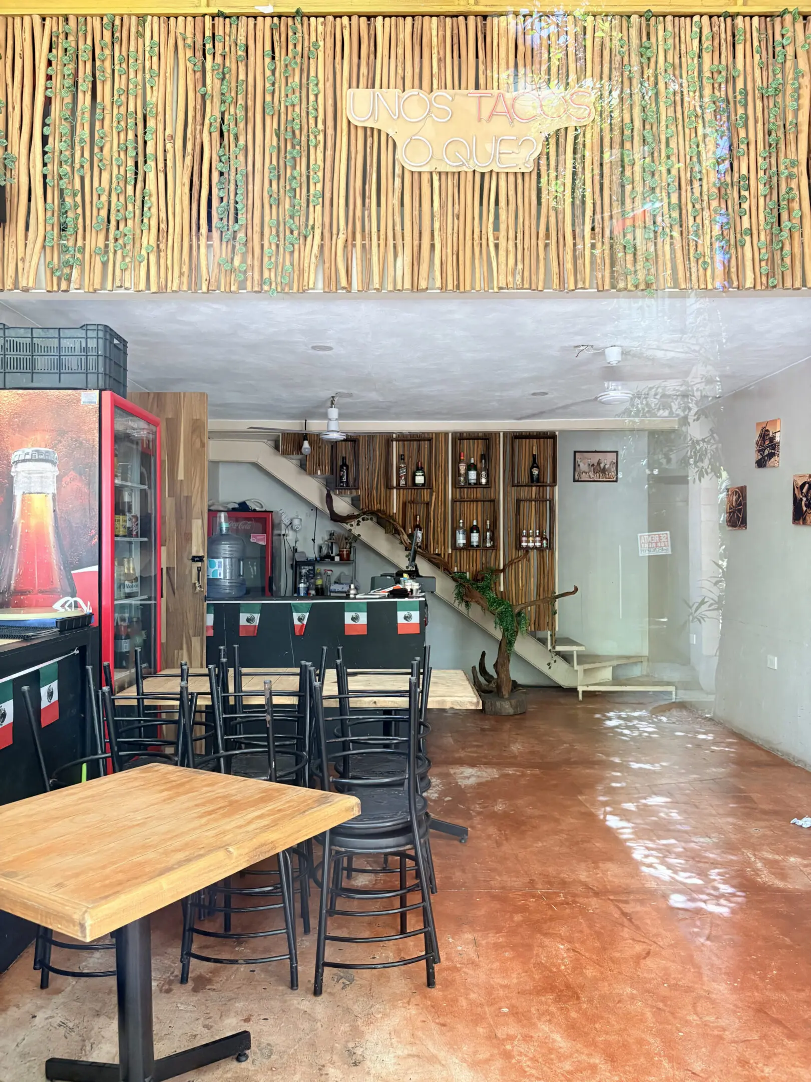 Rustic taco shop interior with bamboo decor