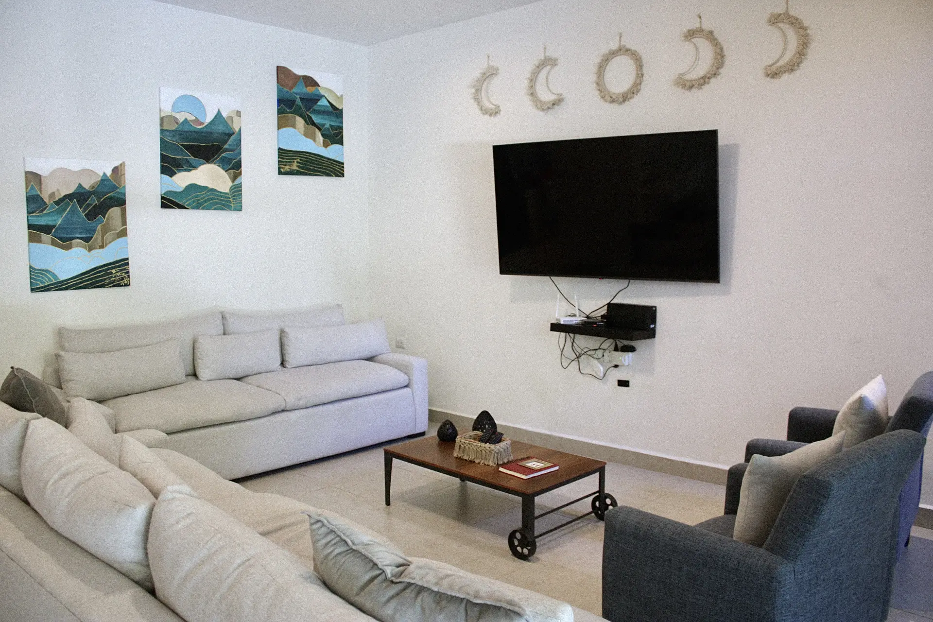 Cozy modern living room with wall-mounted TV
