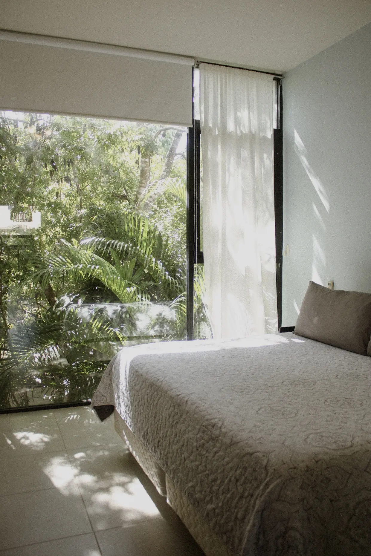 Sunlit bedroom with large window and greenery