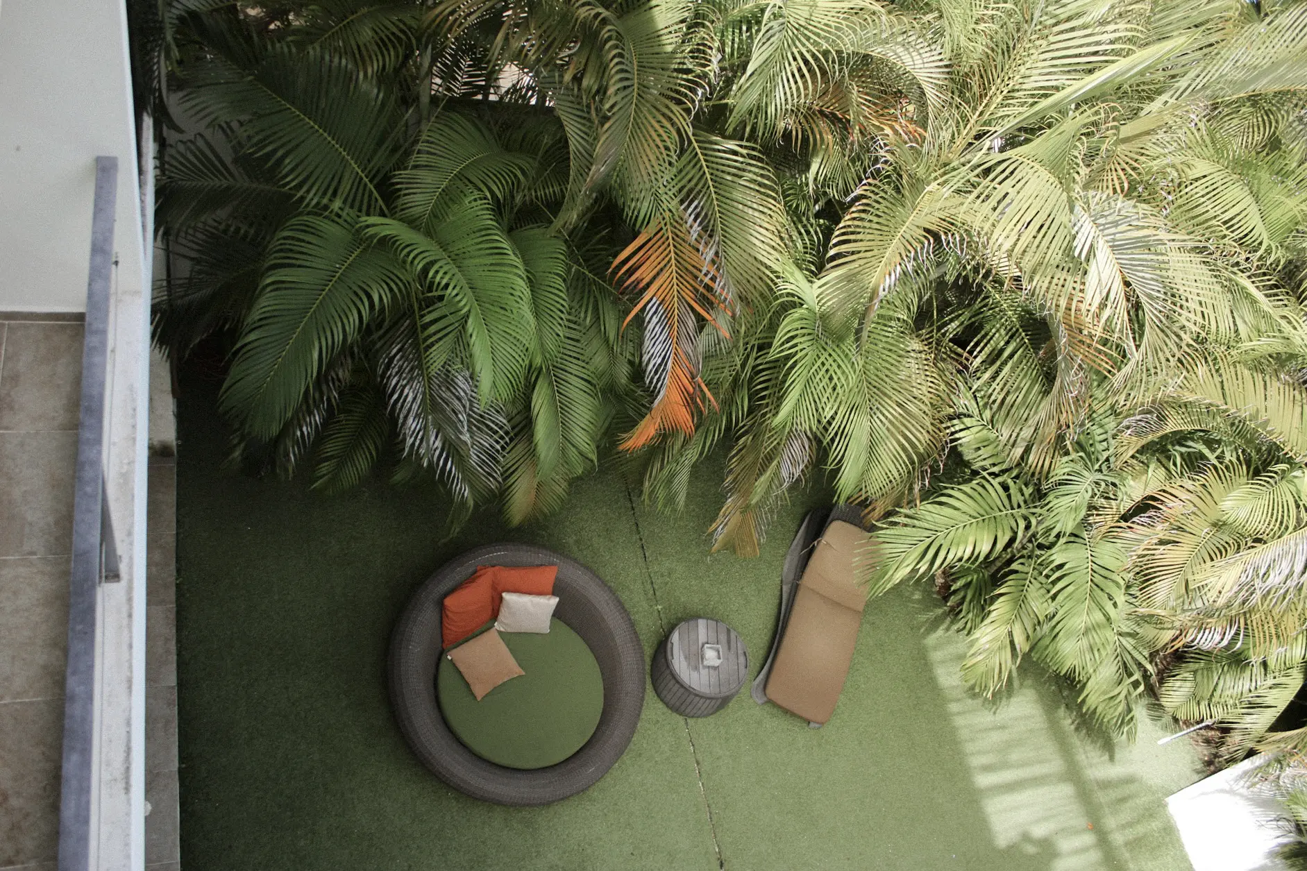 Aerial patio with round lounge, palms