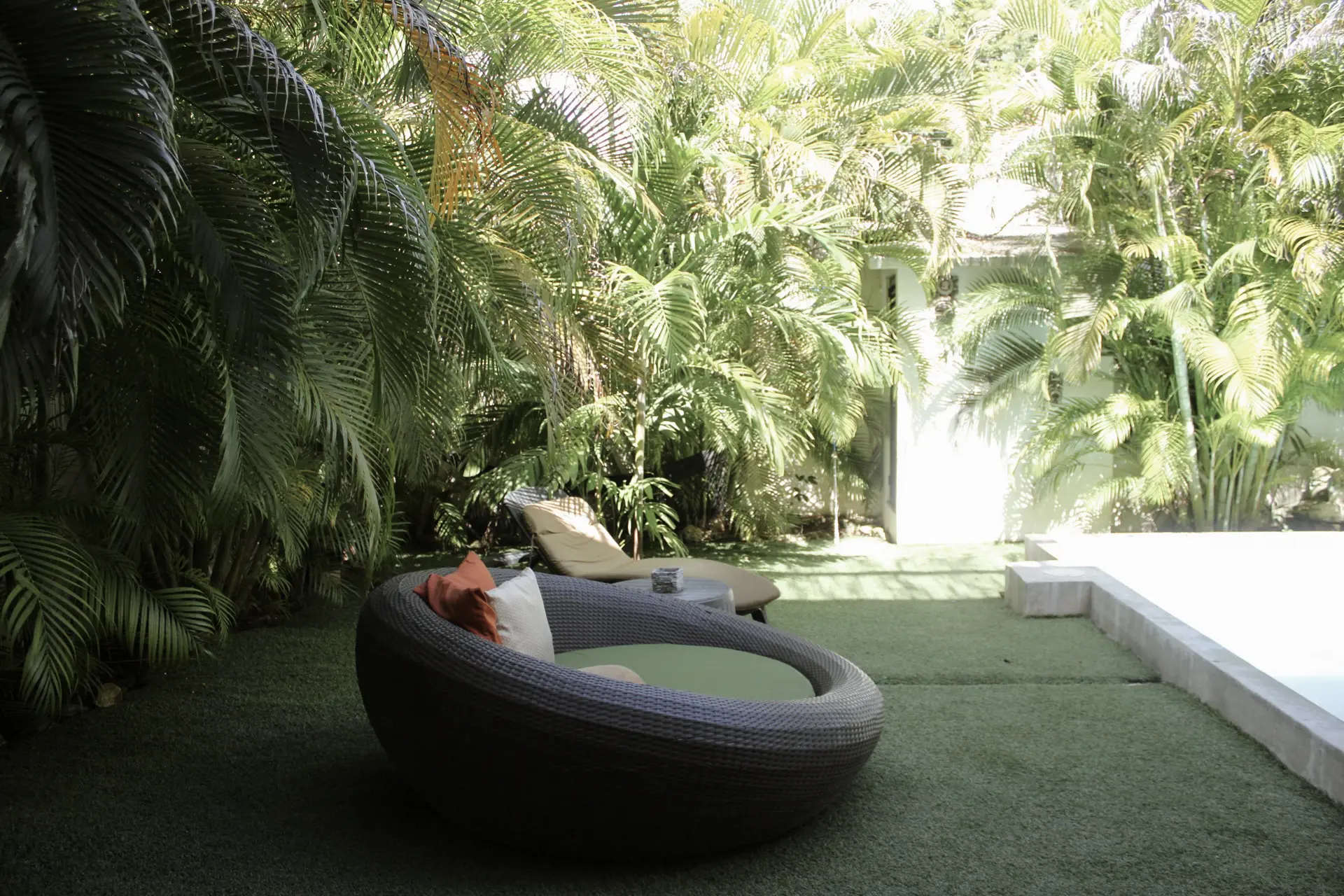 Round wicker daybed by tropical palm foliage