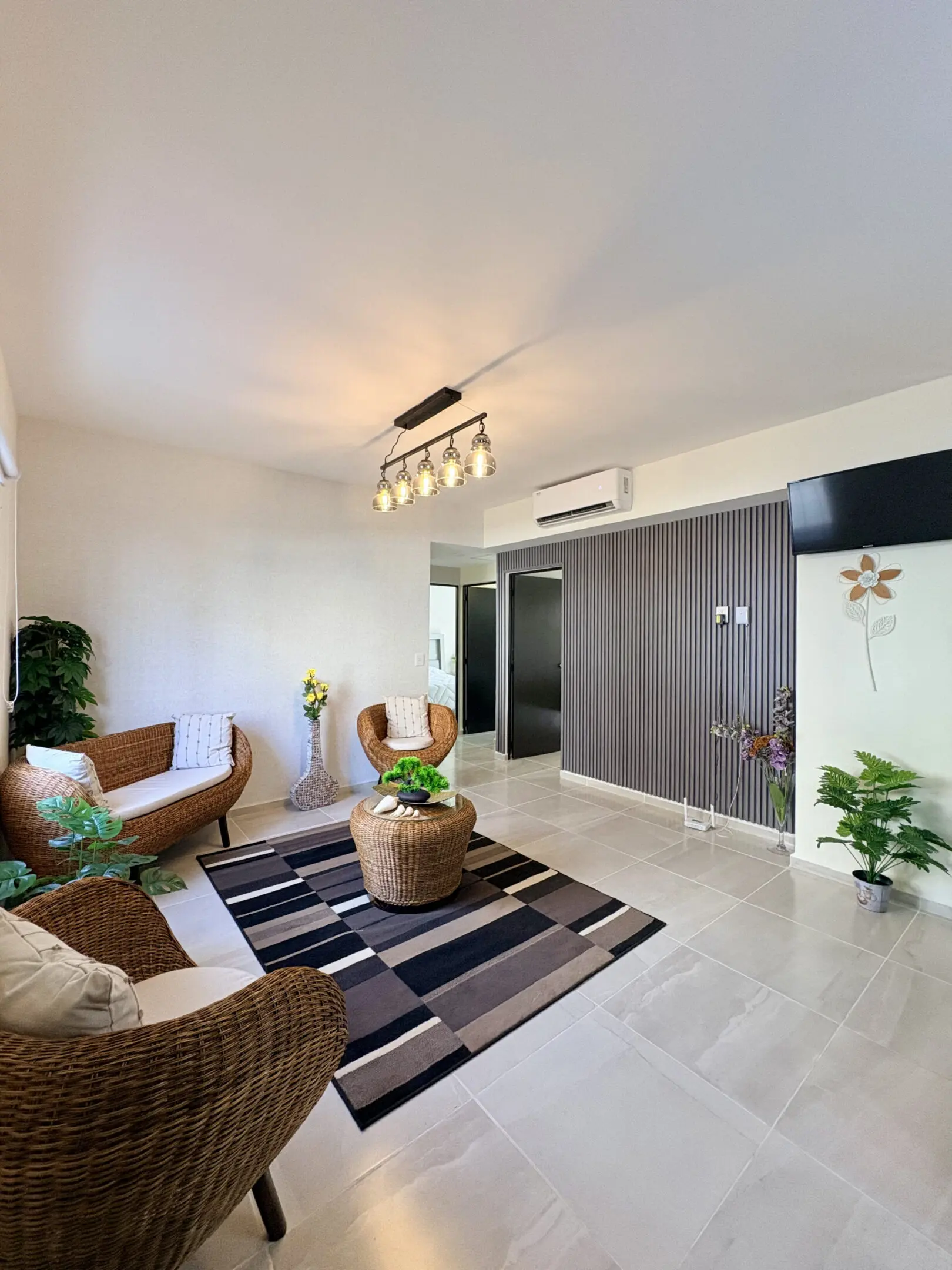 Modern living room with wicker furniture and rug