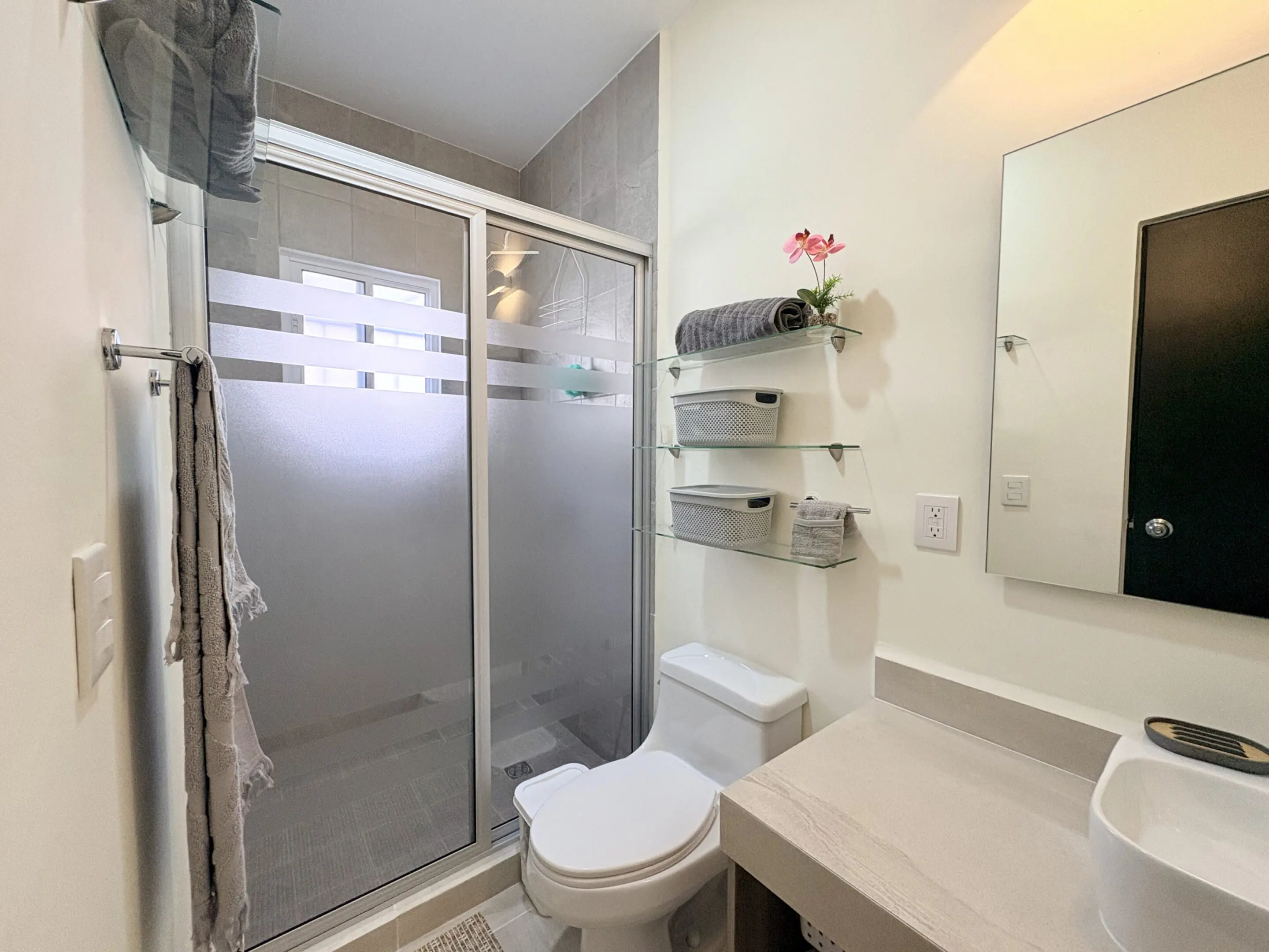 Small modern bathroom with frosted shower