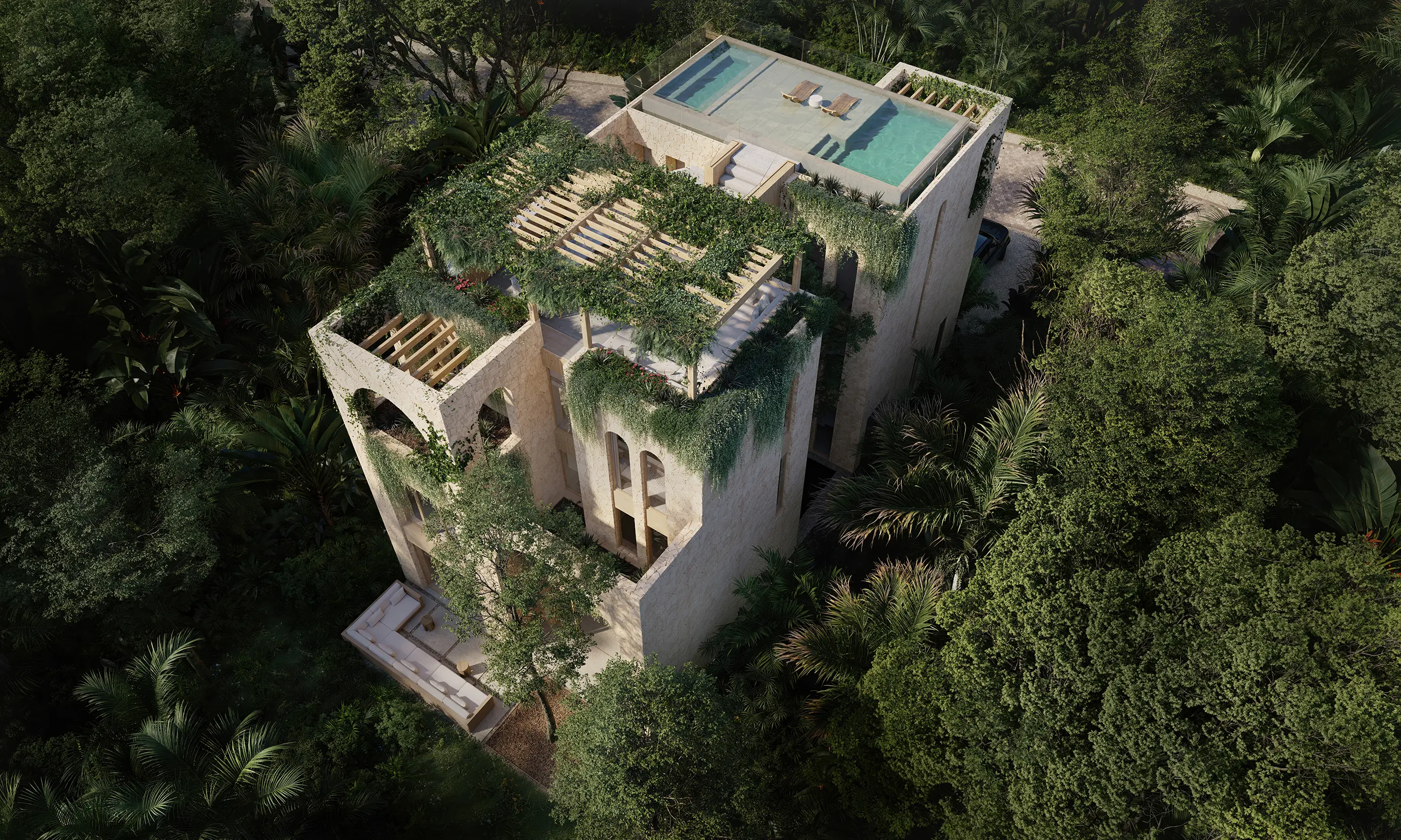 Aerial view of modern villa with rooftop pools