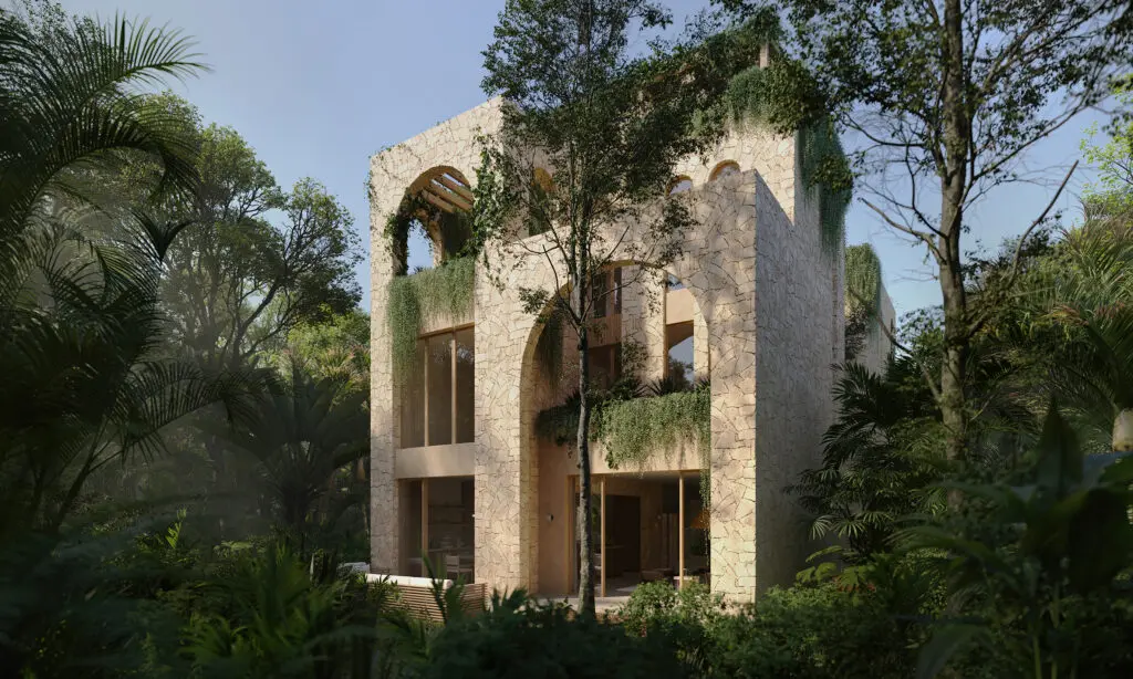 Stone villa with hanging greenery in tropical forest