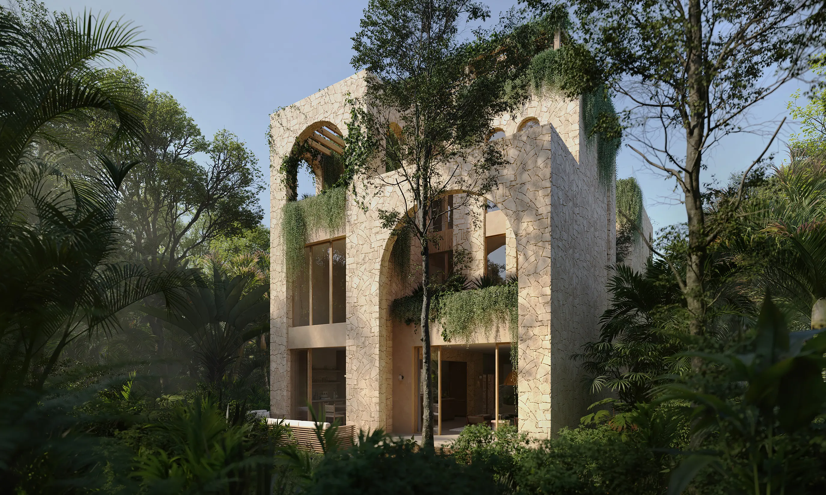 Stone villa with hanging greenery in tropical forest