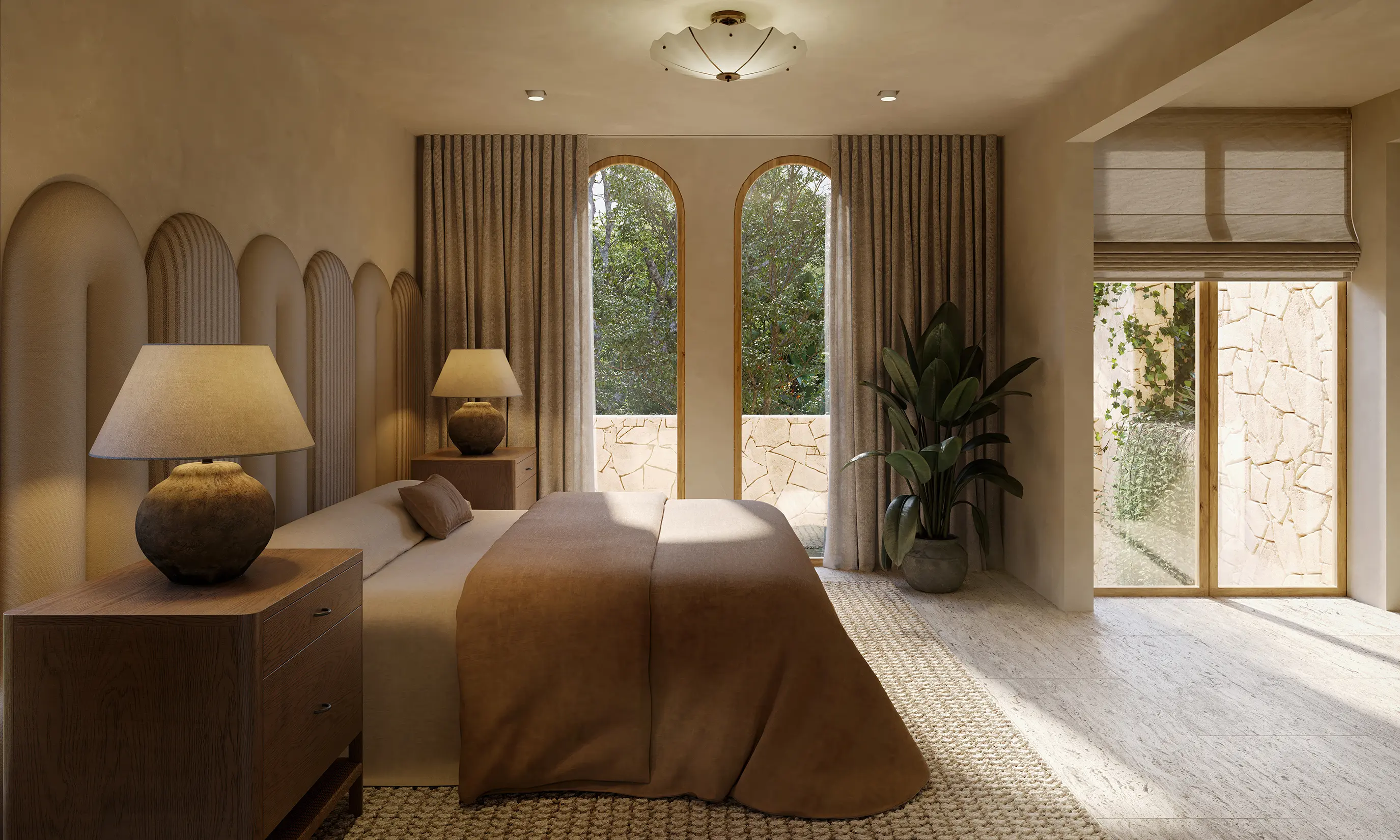 Cozy earth-toned bedroom with arched windows