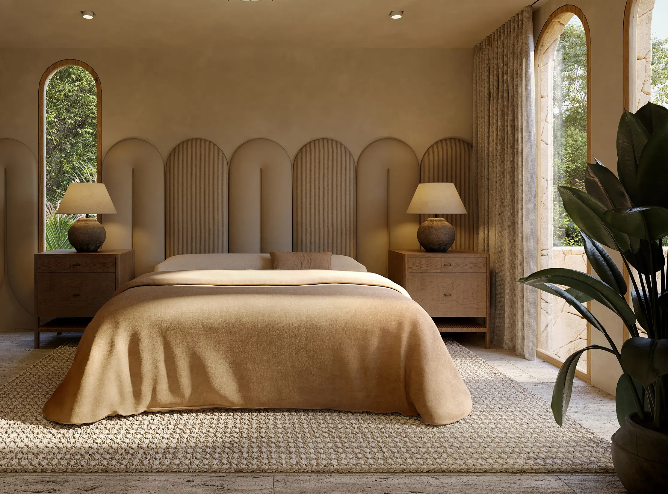 Cozy neutral bedroom with arched windows