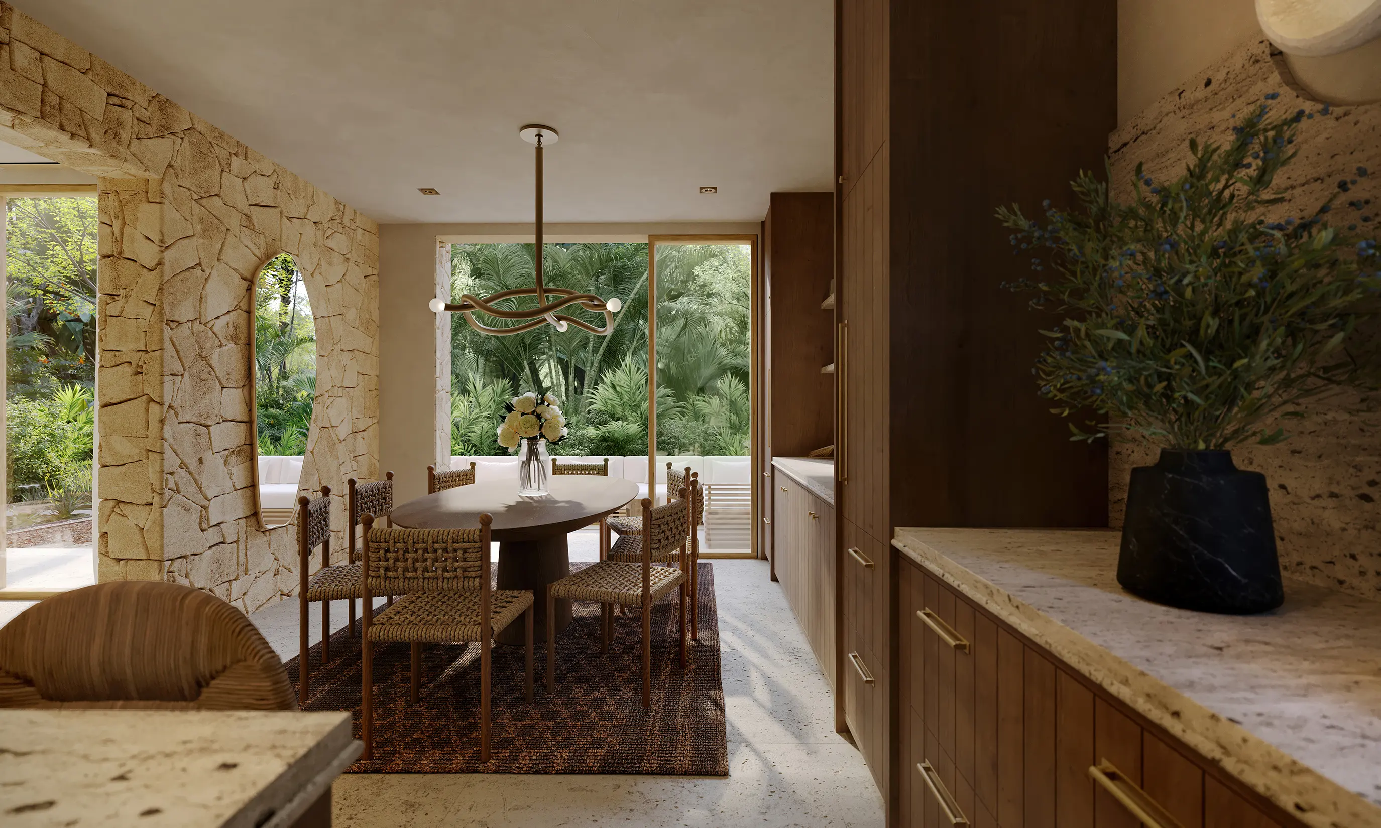 Dining room with round table and garden view