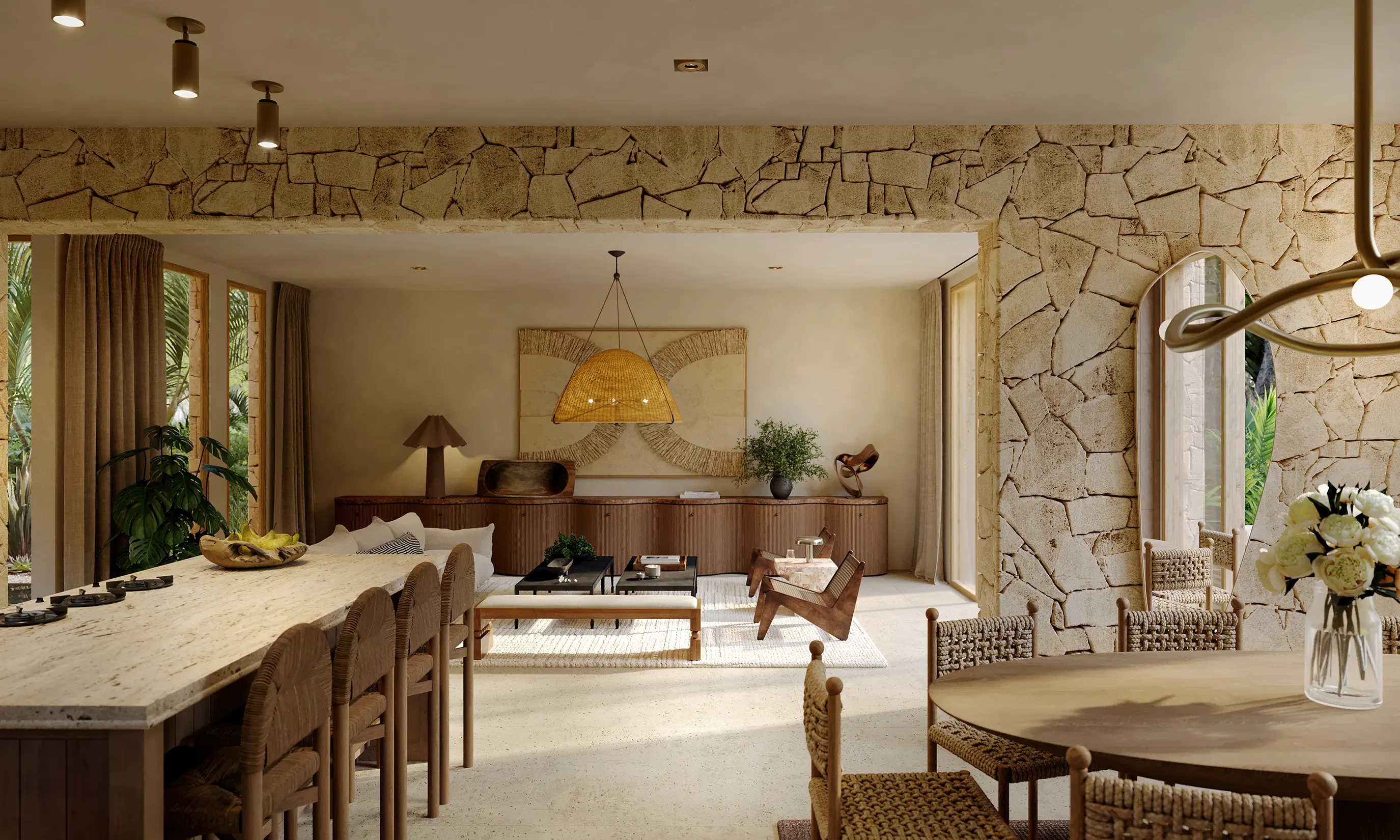 Open-plan living room with stone accent wall