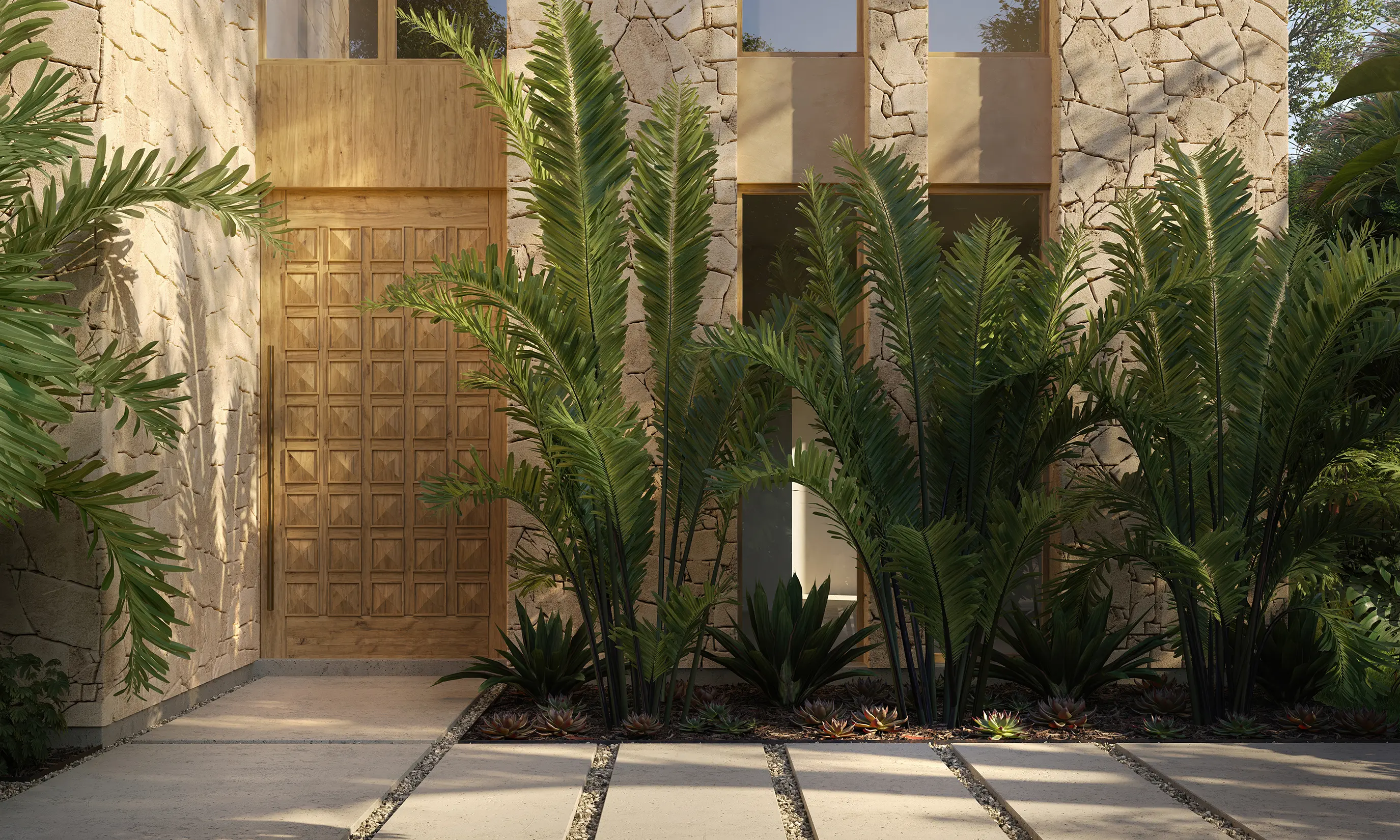 Modern stone entrance with wooden door and palms