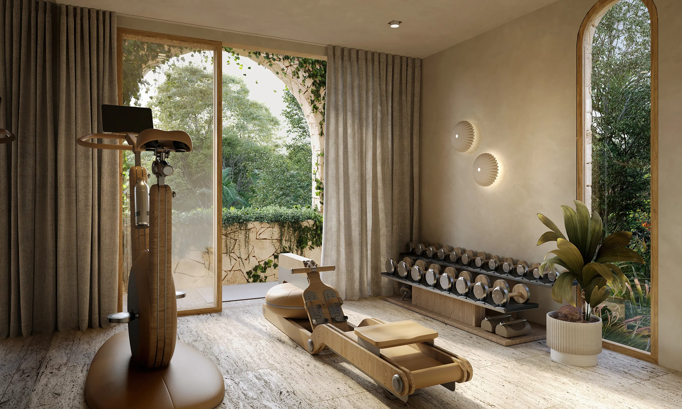 Wooden home gym with rowing machine and dumbbells
