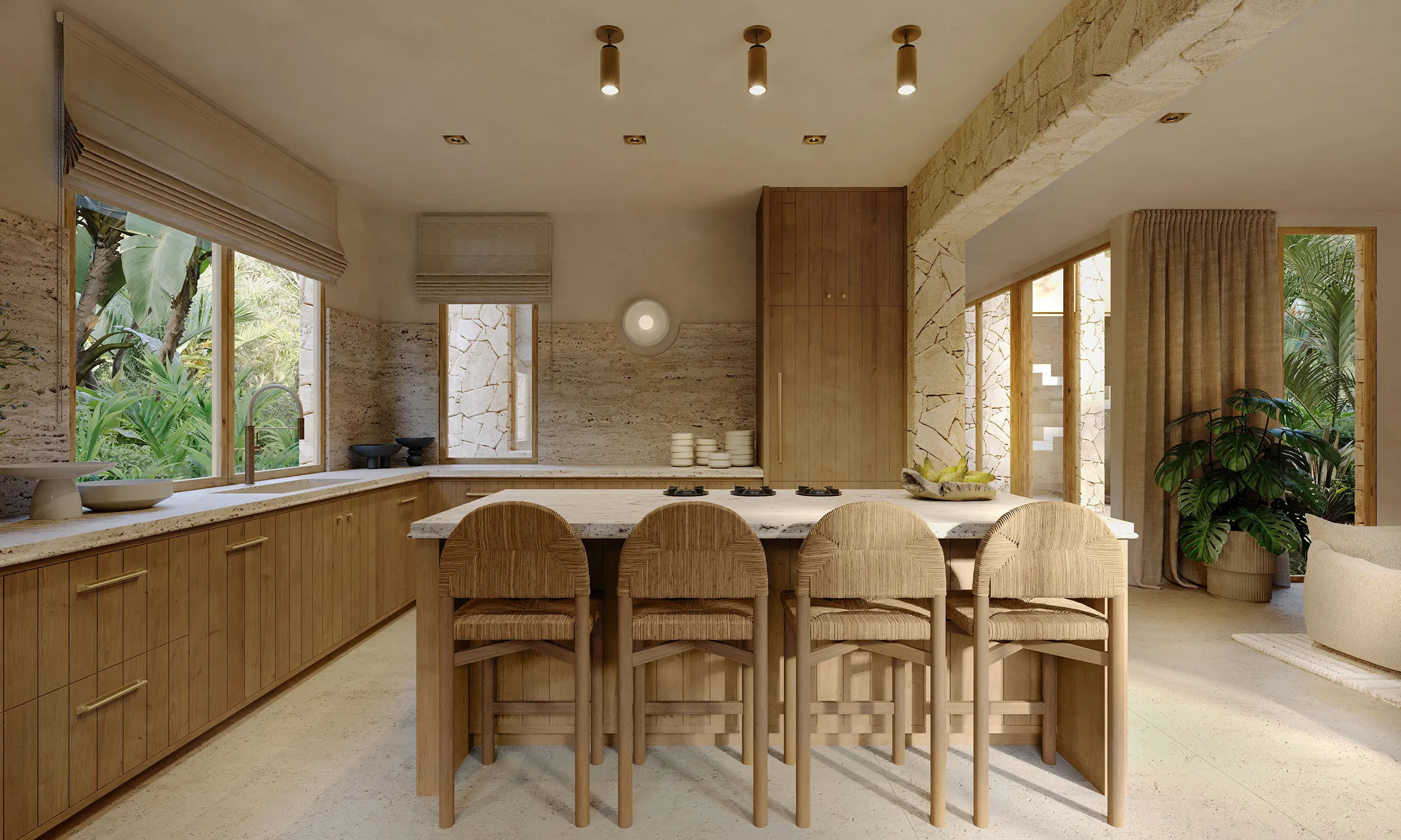 Sunlit modern kitchen with wooden island stools
