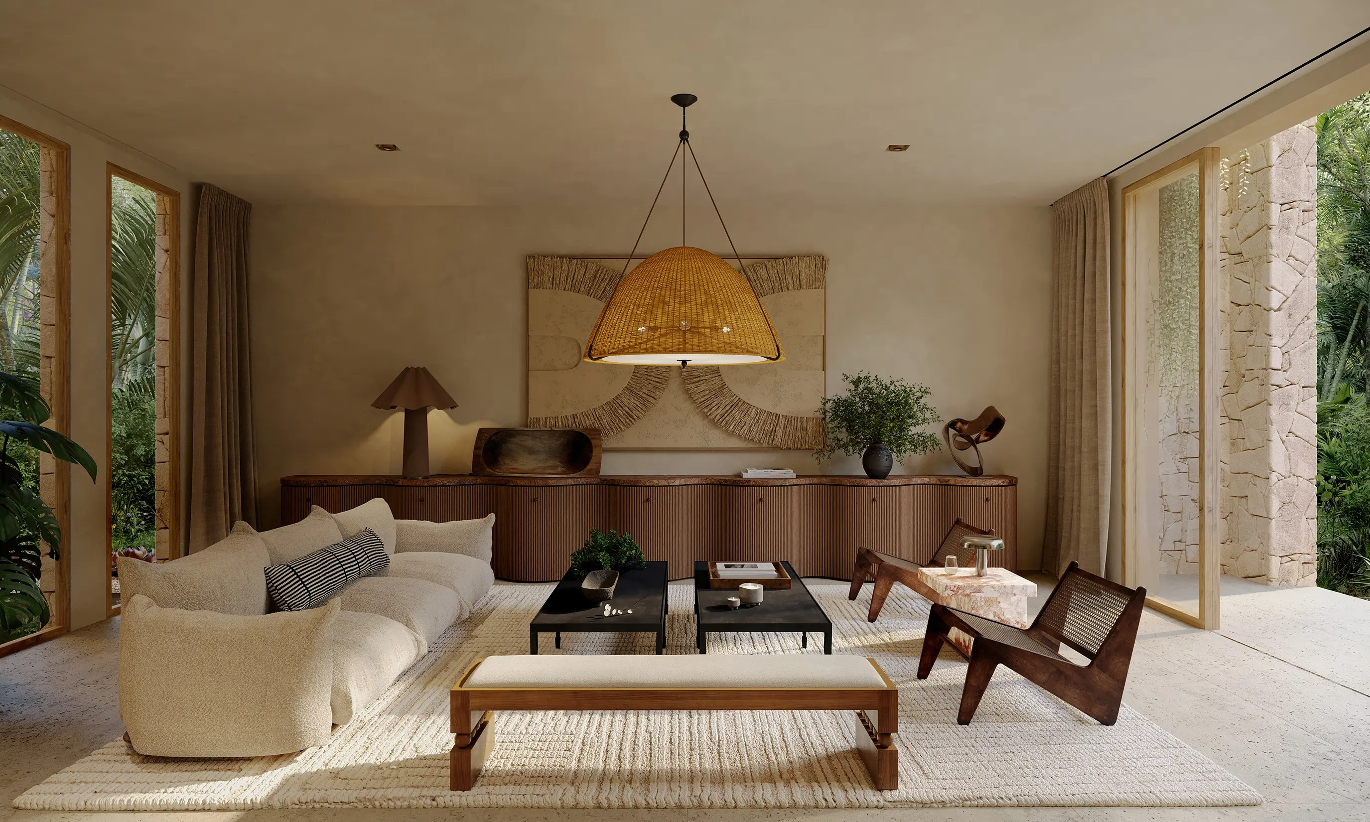 Modern neutral living room with rattan pendant