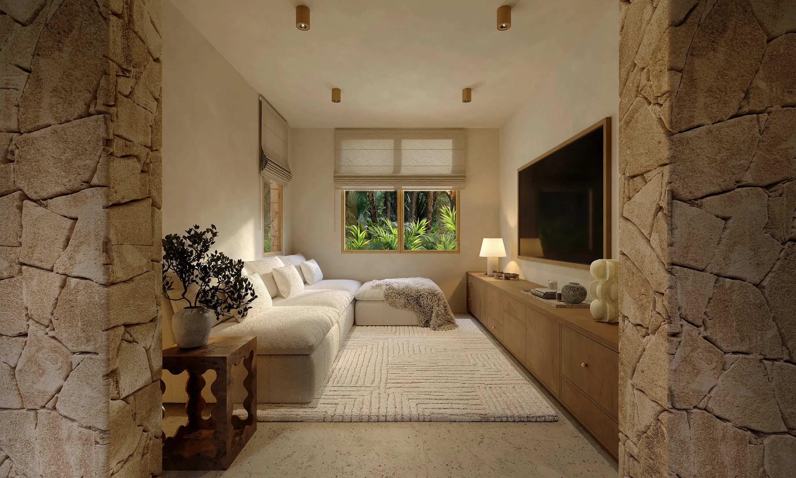 Cozy neutral living room with stone accents