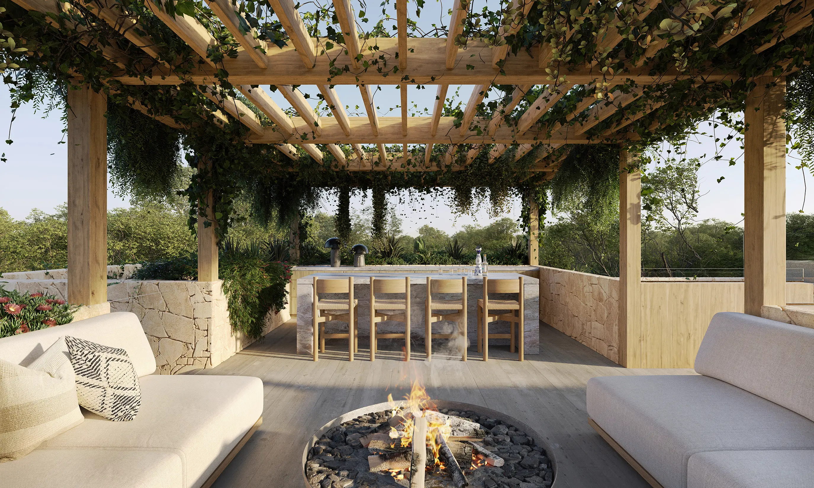 Outdoor pergola lounge with fire pit